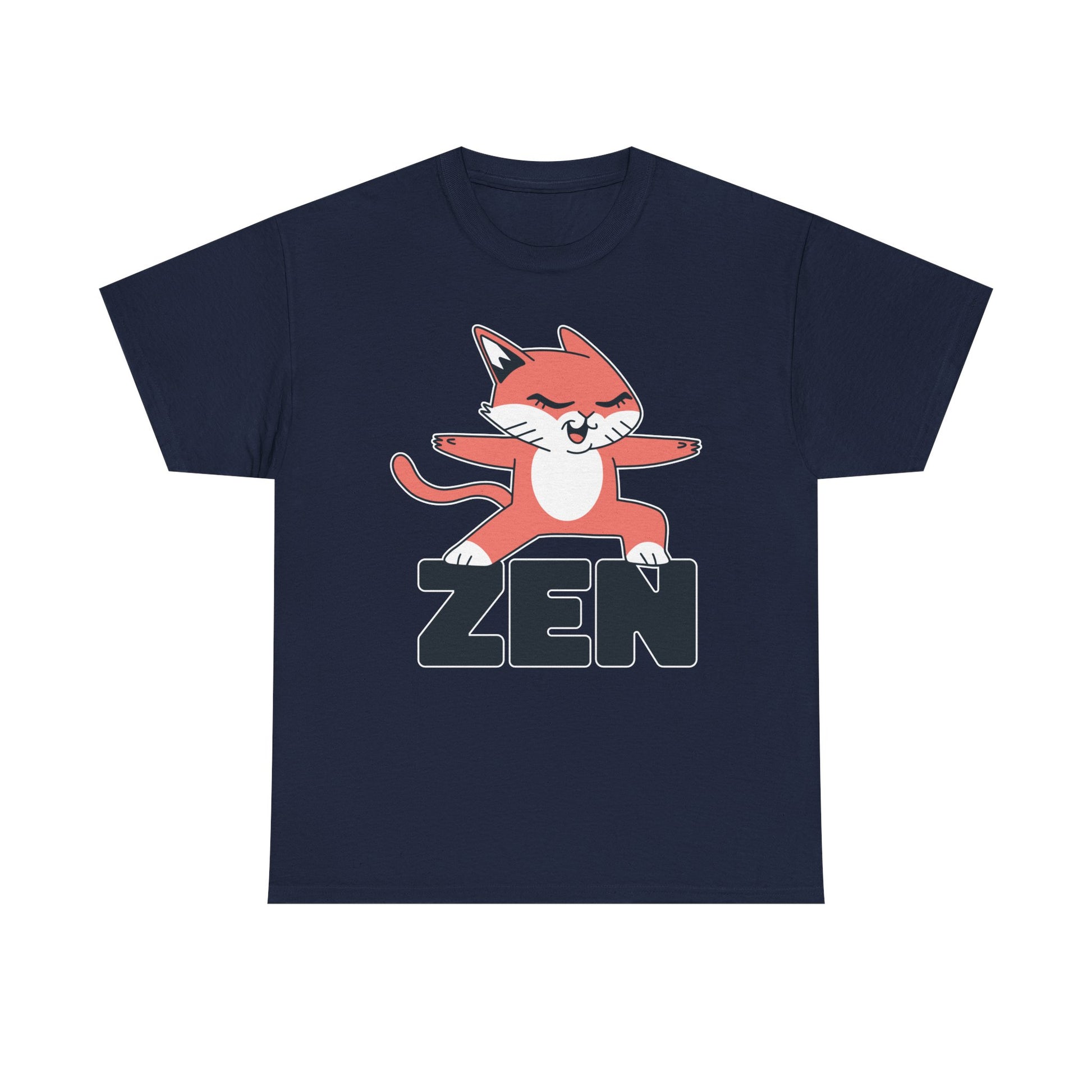 Marineblaues Shirt mit witzigem Zen-Motiv: Eine rot-weiße Katze in Meditationshaltung sitzt auf dem Wort „ZEN“ – perfekt für Yoga-Liebhaber und Katzenfreunde.