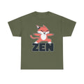 Militärgrünes T-Shirt mit Meditationskatze: Cartoon-Katze auf dem Wort „ZEN“ – witzig, cool und perfekt für alle, die Katzen und Achtsamkeit lieben.