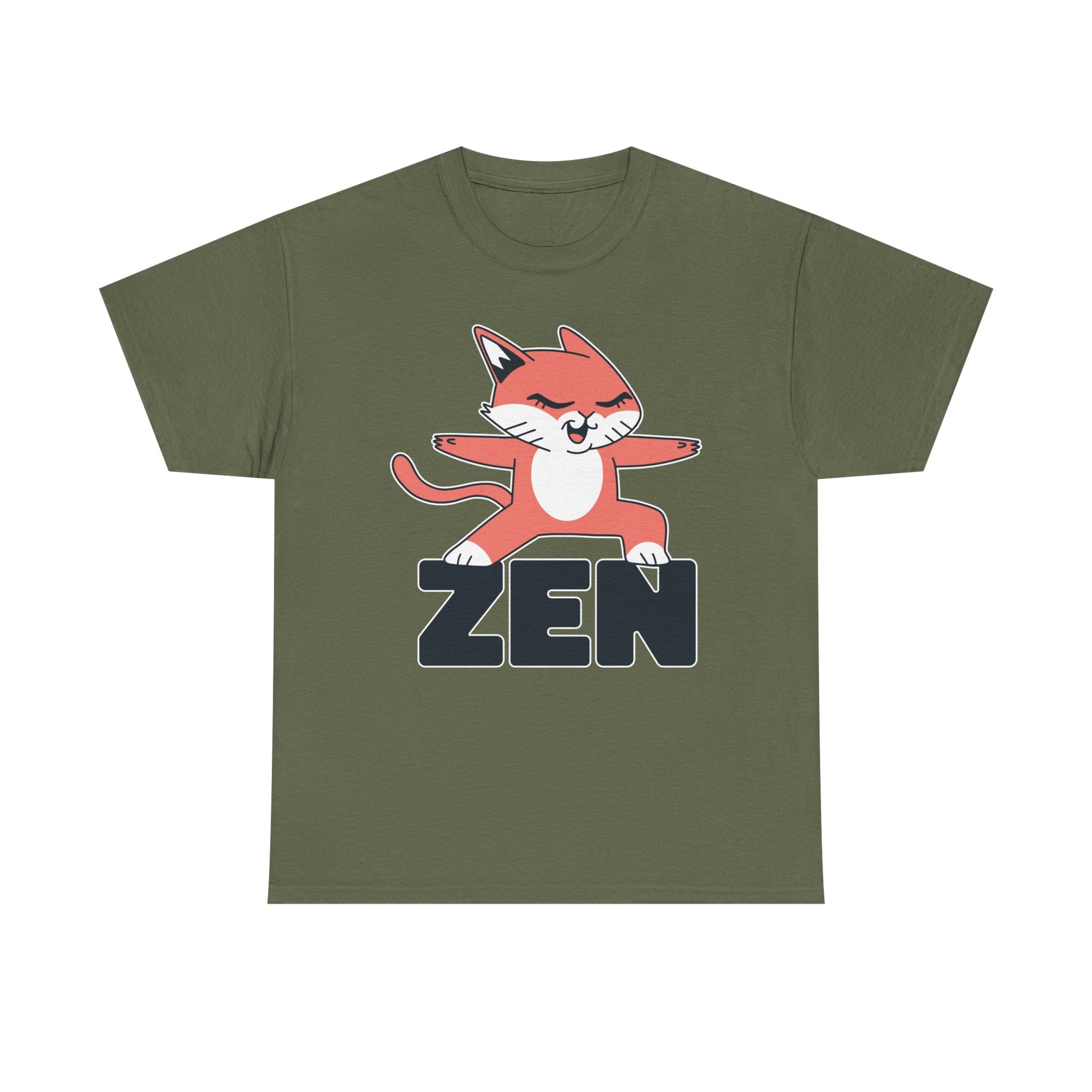 Militärgrünes T-Shirt mit Meditationskatze: Cartoon-Katze auf dem Wort „ZEN“ – witzig, cool und perfekt für alle, die Katzen und Achtsamkeit lieben.
