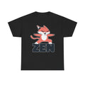 Schwarzes T-Shirt mit entspannter Yoga-Katze: Cartoon-Kater in Meditationspose auf dem Schriftzug „ZEN“ – witziger, achtsamer Style für Katzen- und Yoga-Fans.