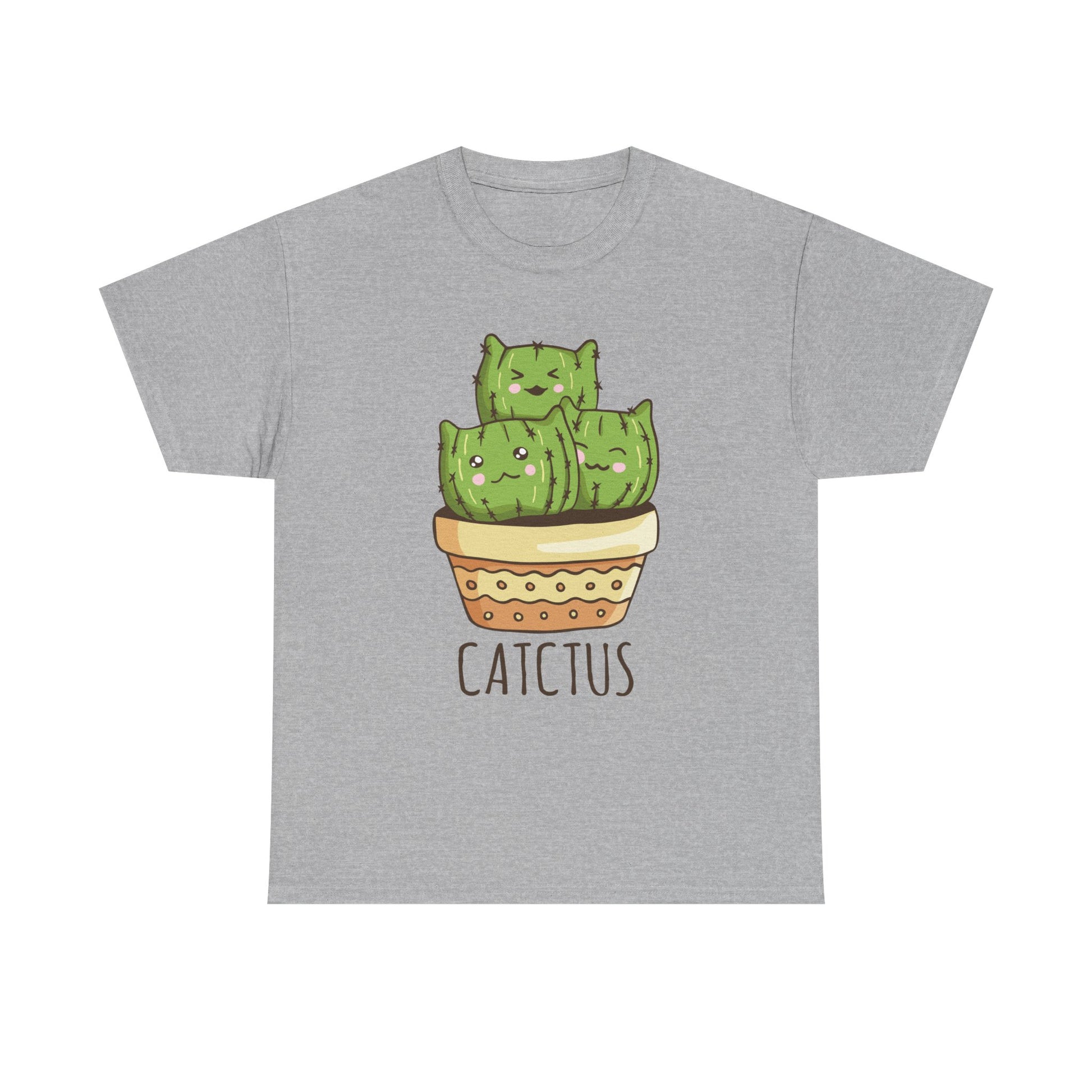 Graues Shirt mit kreativem „Catctus“-Design: drei stachelige Katzen-Kakteen im Topf als niedliche und humorvolle Zeichnung. Ein echter Blickfang für alle, die süße Pflanzenmotive mit Tierliebe verbinden.