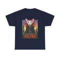 Marineblaues T Shirt mit Cartoon Design einer blutdürstigen Katze in Dracula Optik. Hintergrund zeigt ein Schloss bei Sonnenuntergang.