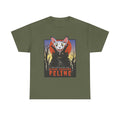 Militärgrünes T Shirt mit Katzen Vampir Comic Motiv. Eine fauchende Dracula Katze vor einem düsteren Schloss im Stil klassischer Monsterfilme.