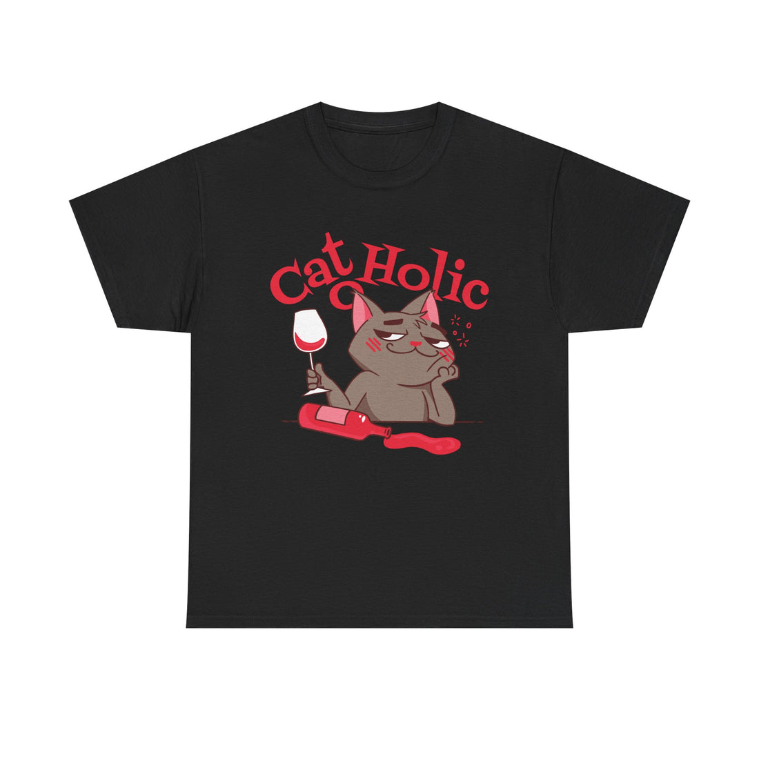 Schwarzes T-Shirt mit lustigem Katzenmotiv: Cartoon-Katze mit Weinglas, rotem Schriftzug „Cat Holic“, ausgelaufener Wein – witziges Geschenk für Weinliebhaber und Katzenfans, ideales Funshirt für Frauen und Männer.