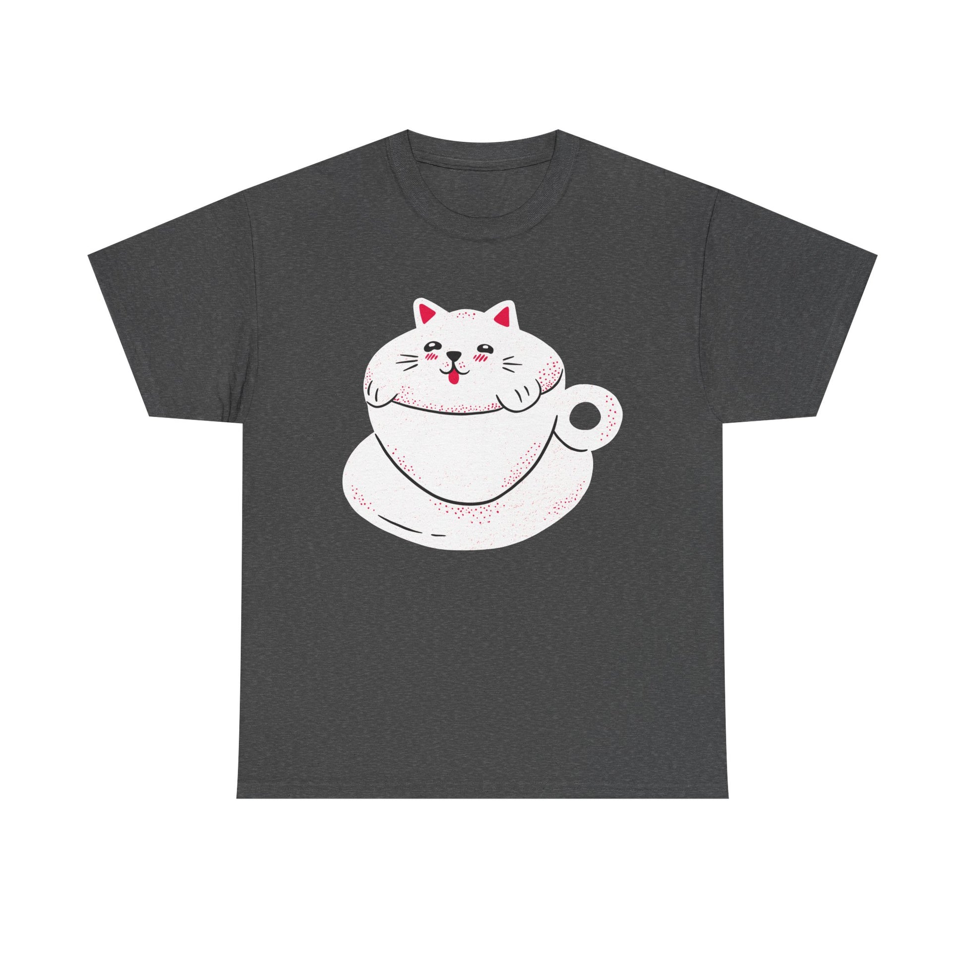Dunkelgraues Shirt mit gemütlichem Catpuccino-Motiv: Katze und Tasse verschmelzen zu einem süßen Gesamtbild – ein echter Hingucker.