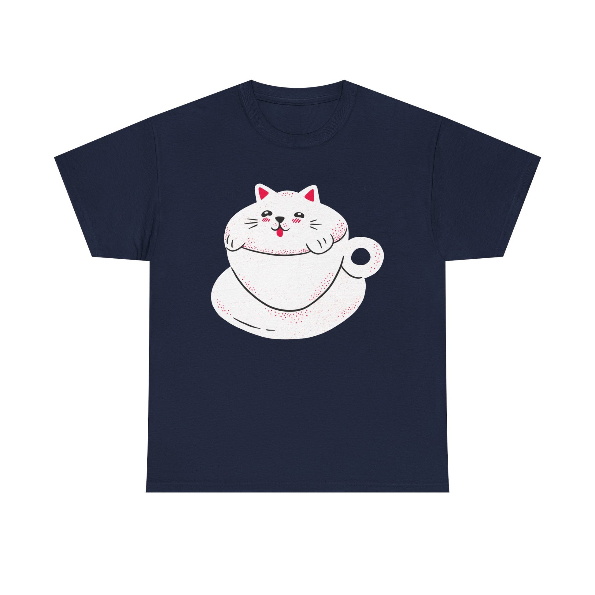 Marineblaues Shirt mit verspieltem Print: Ein süßer „Catpuccino“ – Katze als Kaffee in Tassenform – sorgt für gute Laune bei jedem Outfit.