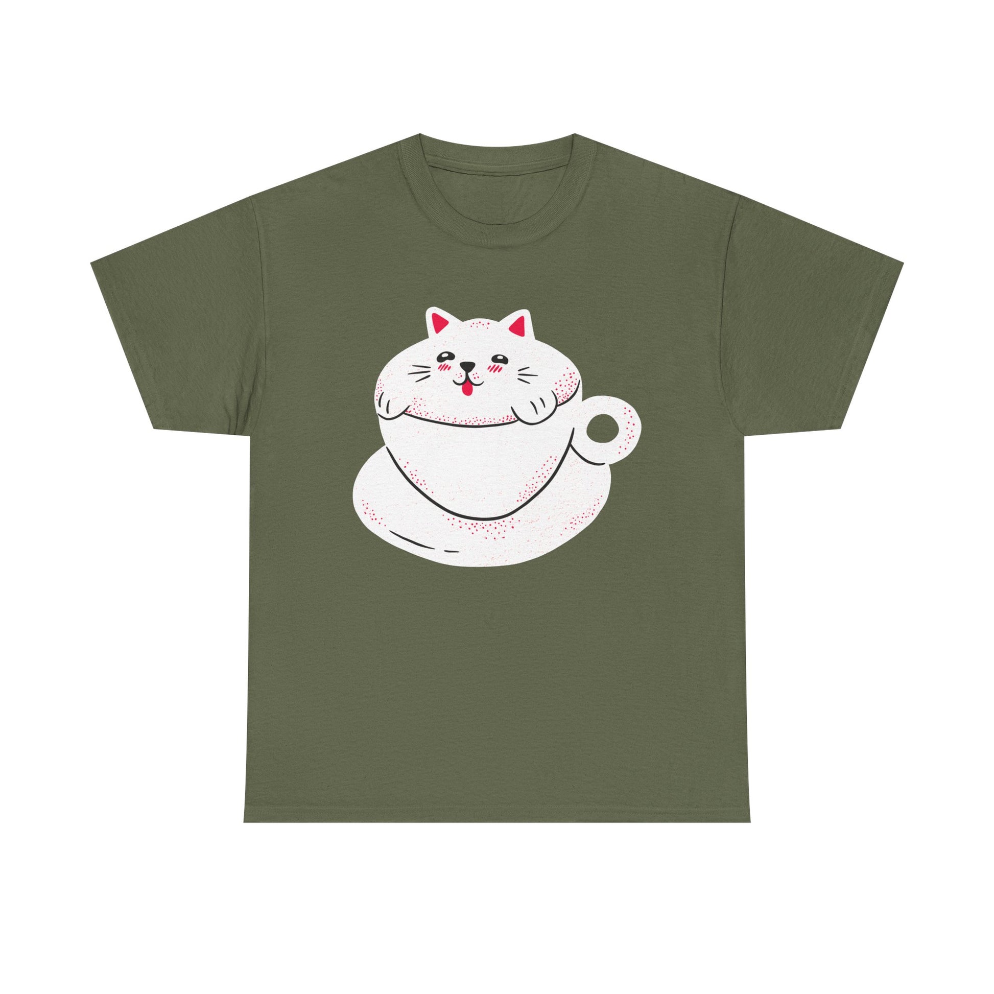 Militärgrünes Shirt mit süßem Frontprint: Eine gemütliche Katze in einer Tasse – der Catpuccino als verspieltes Statement für Tierfreunde.