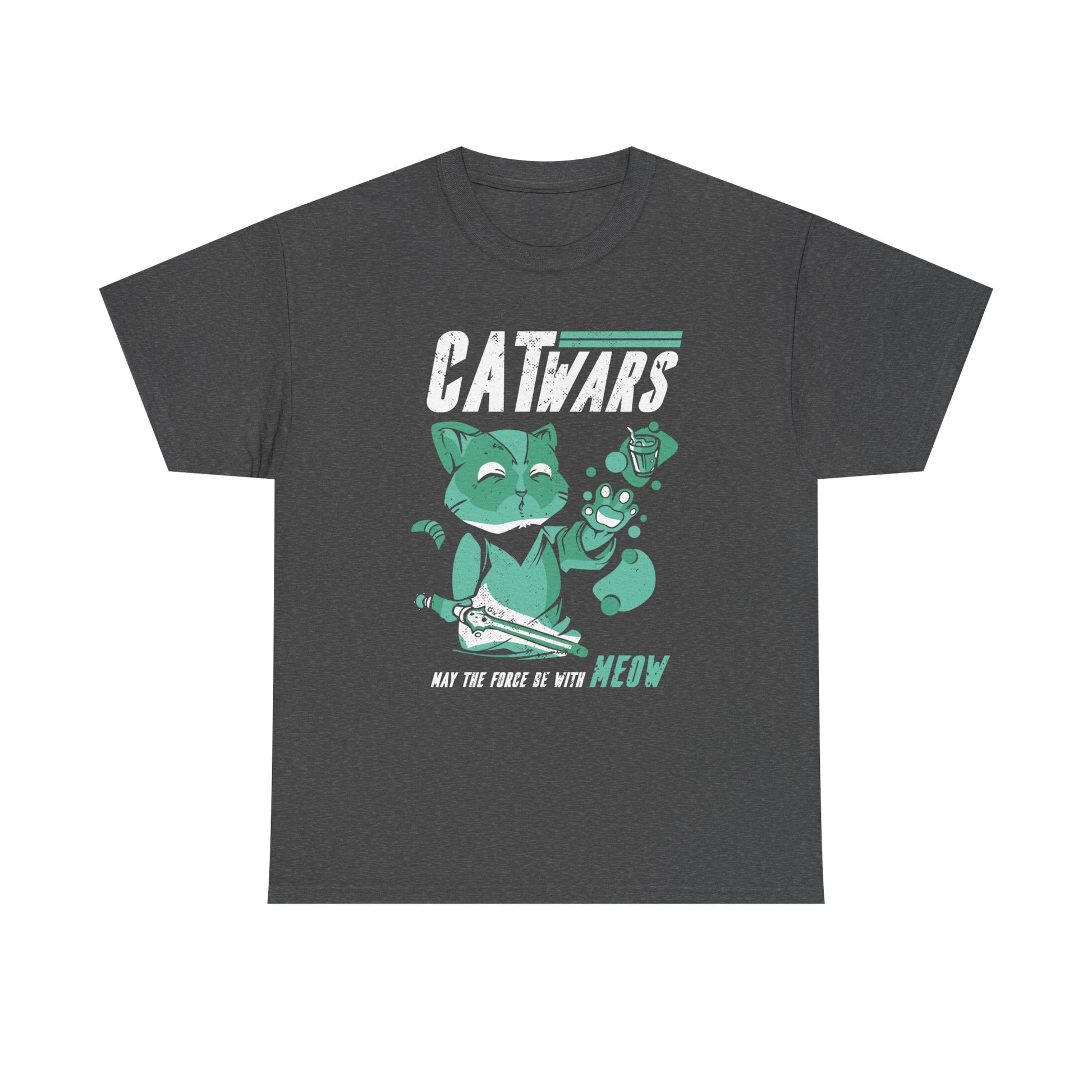 Dunkelgraues T Shirt mit mintgrüner Jedi-Katze, die ein Laserschwert hält. Text: „CATWARS – May the force be with MEOW“.