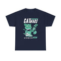 Marineblaues T Shirt mit Frontprint: Stylisierte Jedi-Katze mit Lichtschwert, Pfote ausgestreckt. Text: „CATWARS – May the force be with MEOW“.