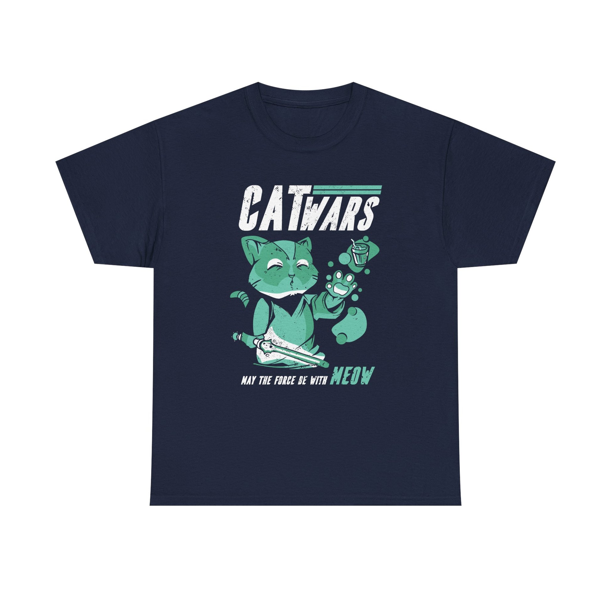Marineblaues T Shirt mit Frontprint: Stylisierte Jedi-Katze mit Lichtschwert, Pfote ausgestreckt. Text: „CATWARS – May the force be with MEOW“.