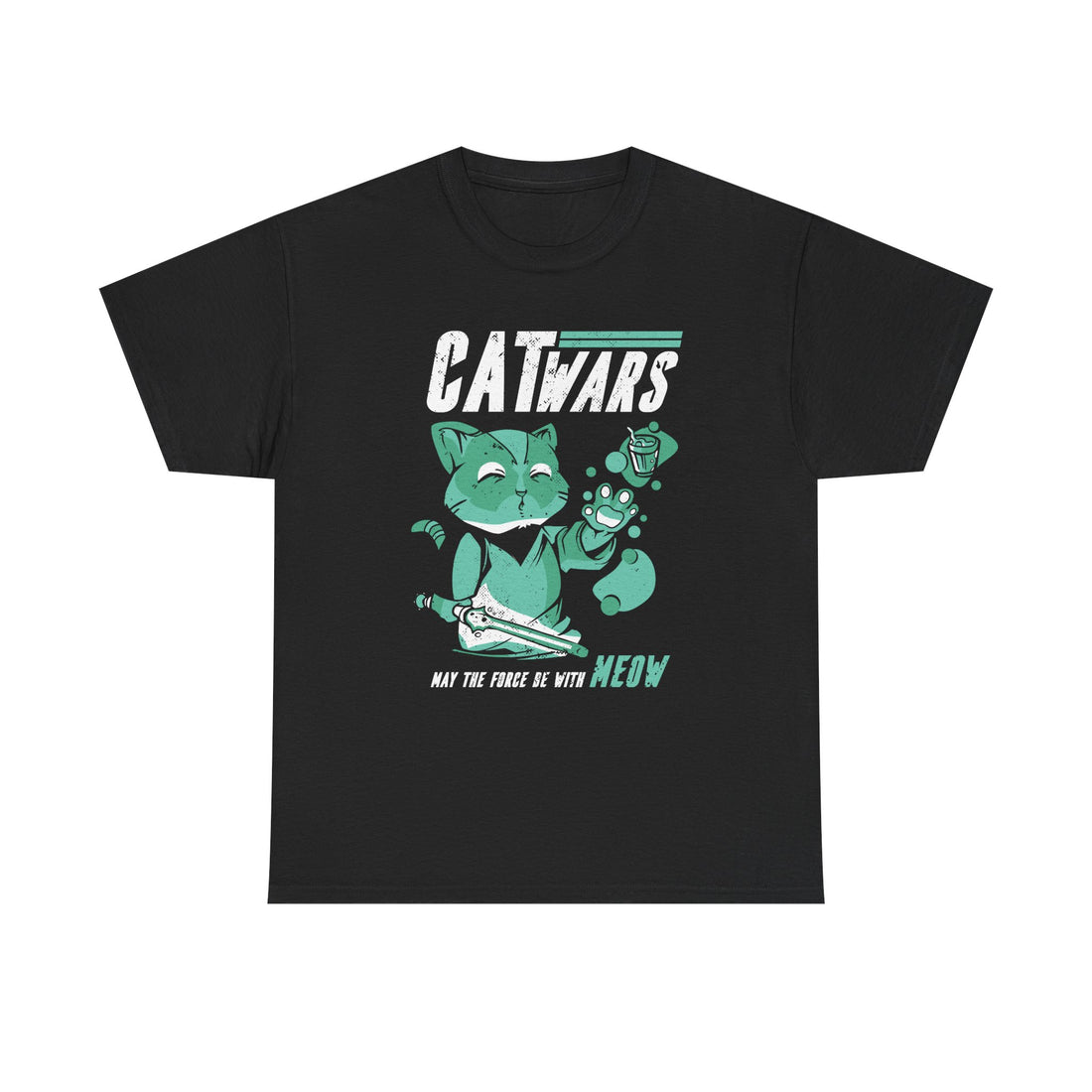 Schwarzes T Shirt mit Frontprint: Cartoon-Katze in Jedi-Robe mit Lichtschwert und erhobener Tatze. Text: „CATWARS – May the force be with MEOW“.