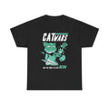 Schwarzes T Shirt mit Frontprint: Cartoon-Katze in Jedi-Robe mit Lichtschwert und erhobener Tatze. Text: „CATWARS – May the force be with MEOW“.