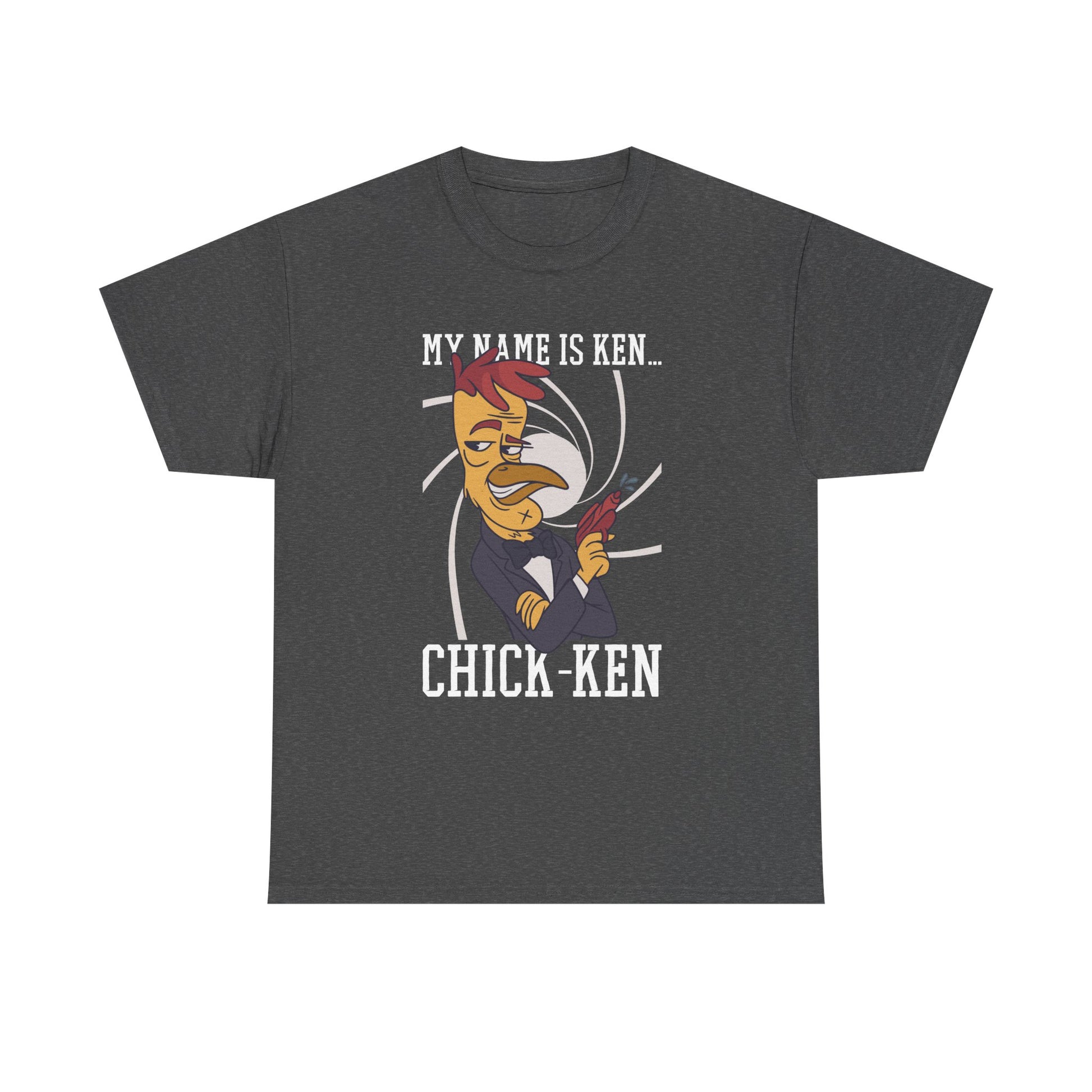 Dunkelgraues T Shirt mit Frontprint: Ein Hahn mit Pistole im James-Bond-Stil, ergänzt durch die Aufschrift „My name is Ken… Chick-Ken“.