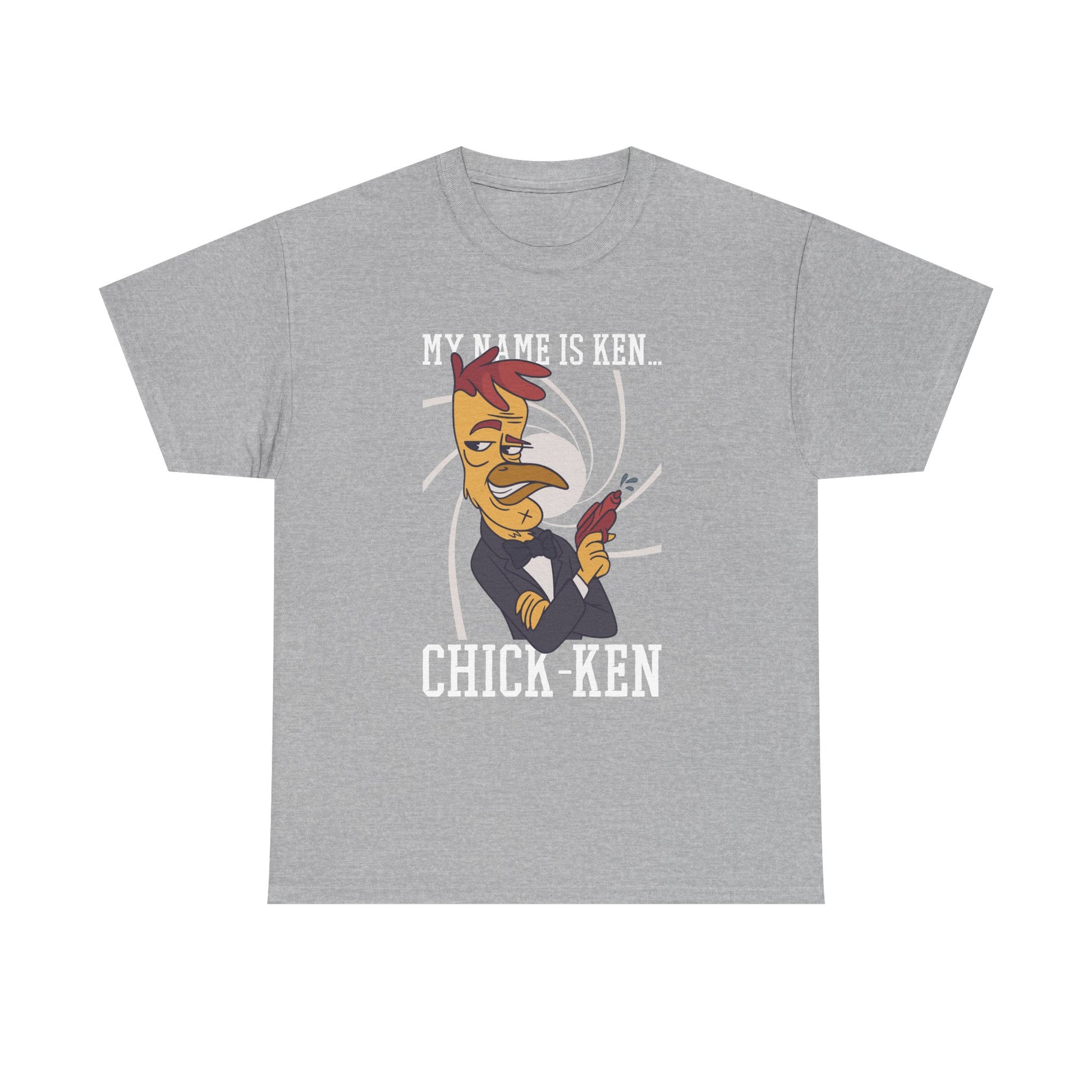 Graues T Shirt mit Comic-Hahn in Anzug und Spruch: „My name is Ken… Chick-Ken“. Humorvolle Bond-Parodie im grafischen Stil.