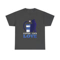 Dunkelgraues Shirt mit Katzen-Silhouette, To-go-Kaffeebecher und „Love“-Aufdruck – trendiges Design für alle, die Katzen und Kaffee zelebrieren.
