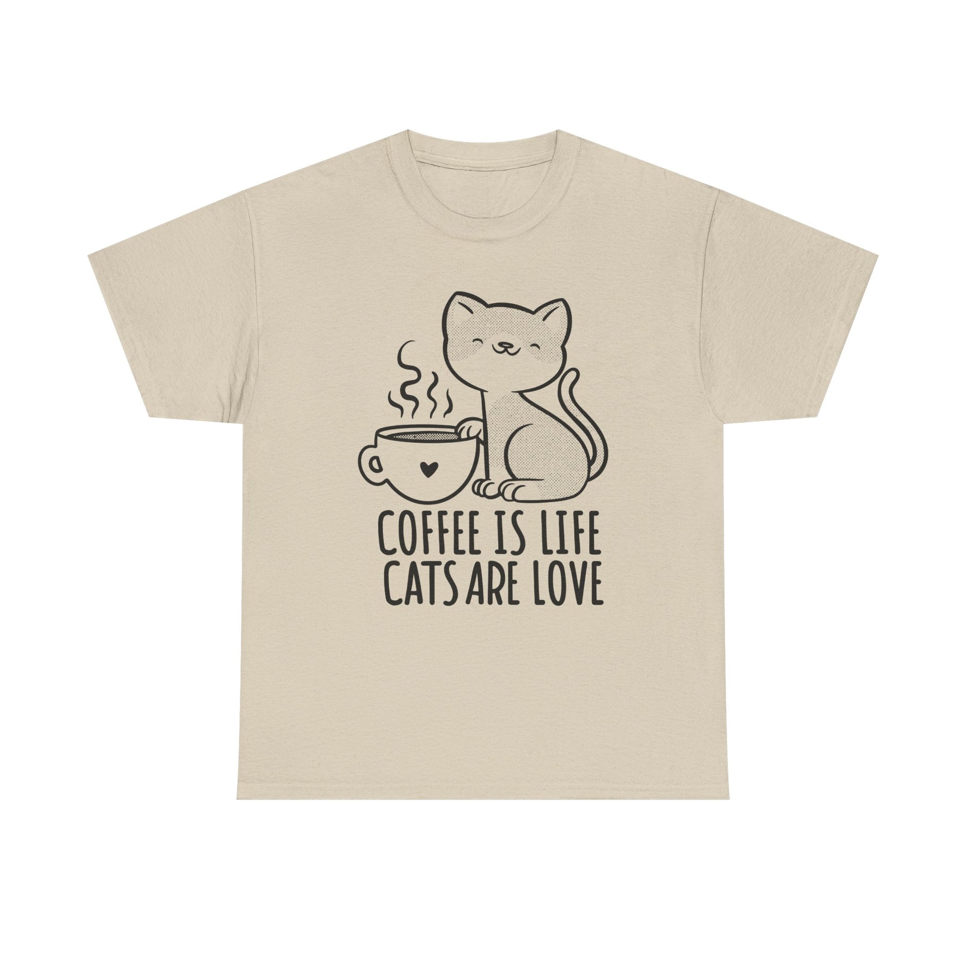 Sandfarbenes T-Shirt mit süßem Cat & Coffee Print – für Menschen, die Kaffee und Katzen zum Lebensmotto gemacht haben. Stylisch, gemütlich, alltagstauglich für Cat Moms & Coffeeholics.