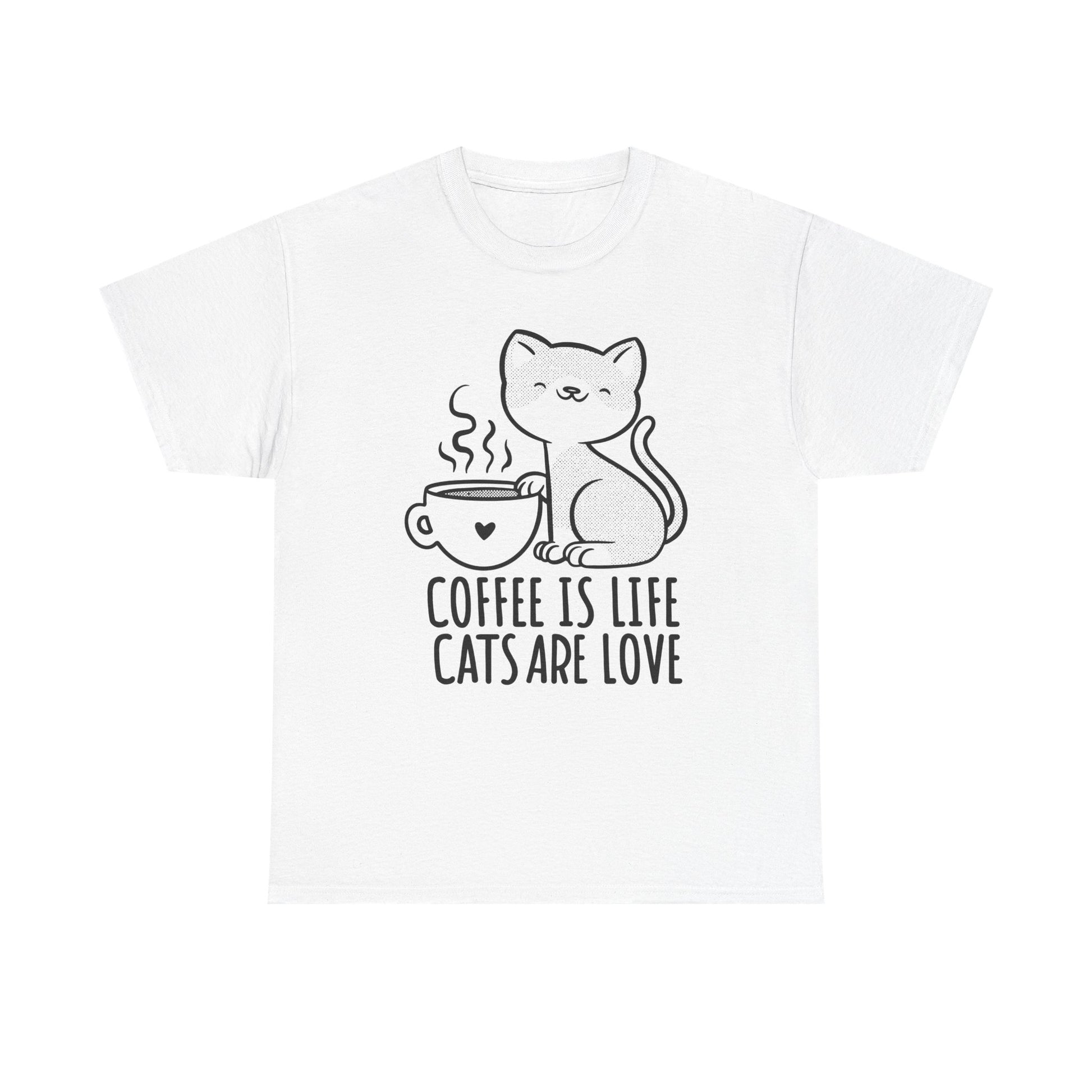 Weißes T-Shirt mit minimalistischem Katzen-Design und Aufdruck „Coffee is Life, Cats are Love“. Ideal für Katzenfreunde, Kaffee-Liebhaber und gemütliche Momente – das perfekte Geschenk für Cat Moms & Barista-Fans.