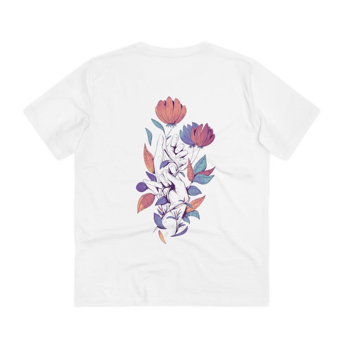 Printify T-Shirt White / 2XS Color leaves and hands - Floral Hands - Back Design
