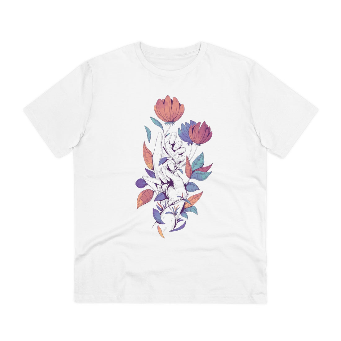 Printify T-Shirt White / 2XS Color leaves and hands - Floral Hands - Front Design