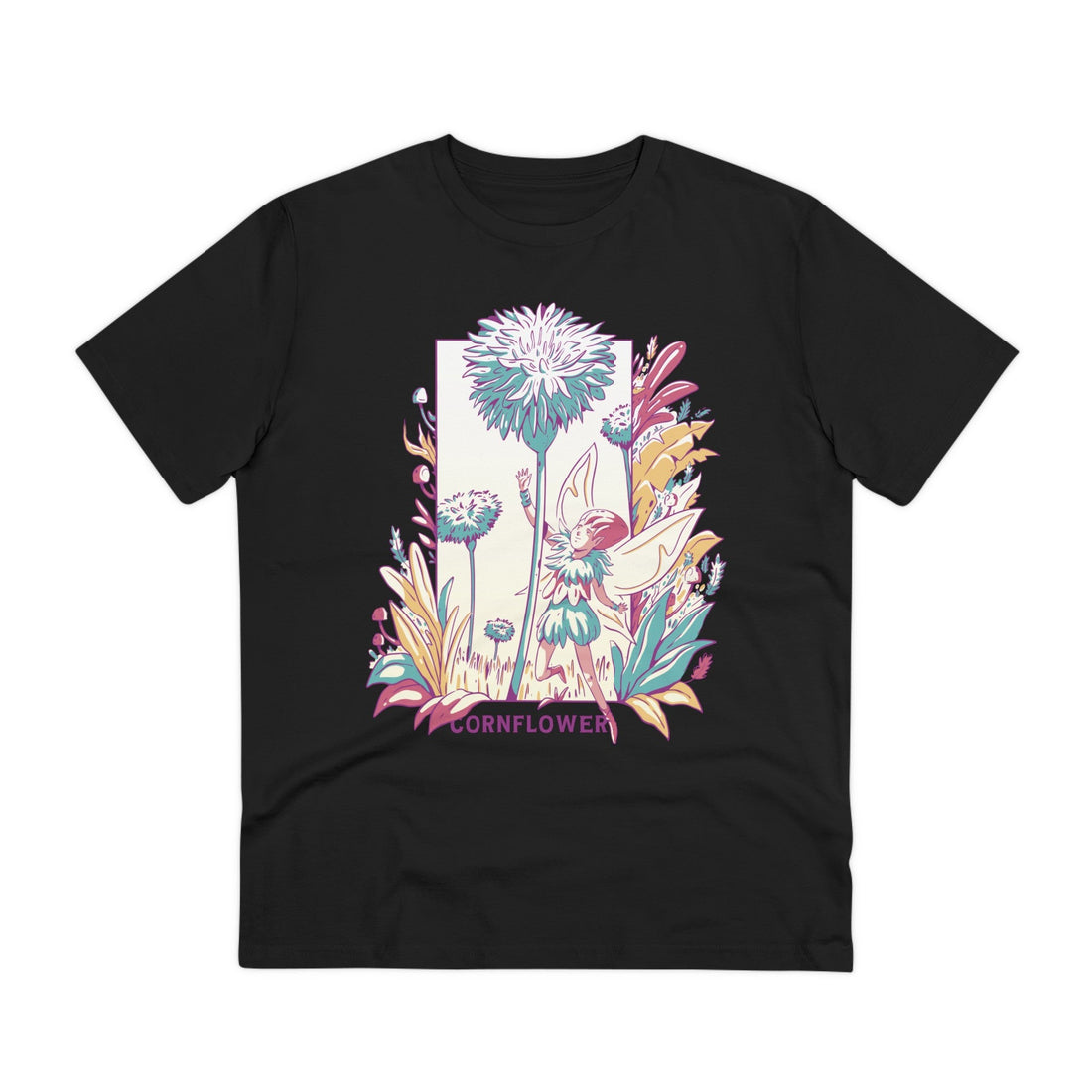 Printify T-Shirt Black / 2XS Cornflower - Flowers with Fairies - Front Design