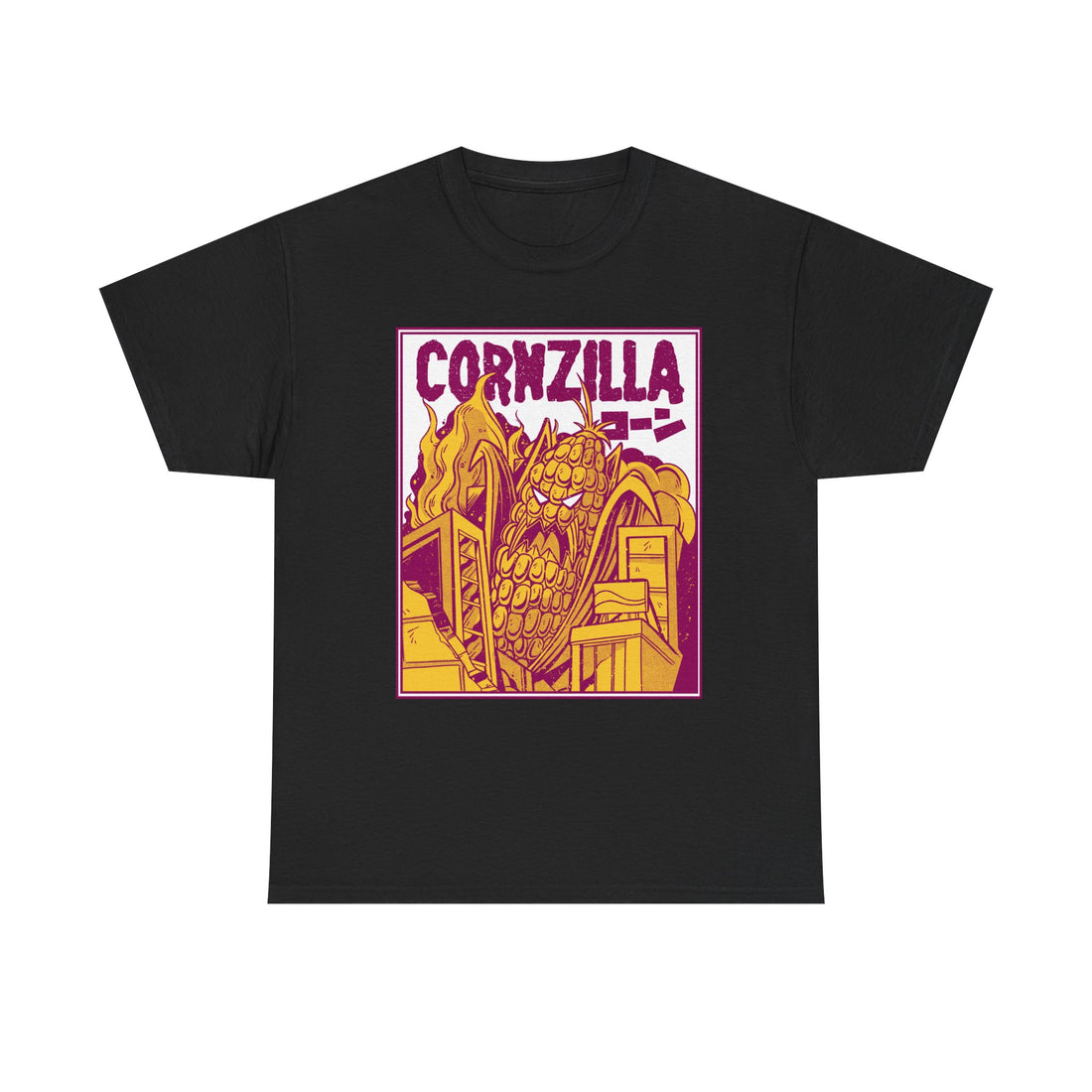 Schwarzes T Shirt mit auffälligem Comicdesign: Riesiger wütender Maiskolben („Cornzilla“) zerstört Stadt, umgeben von Flammen und Gebäuden.