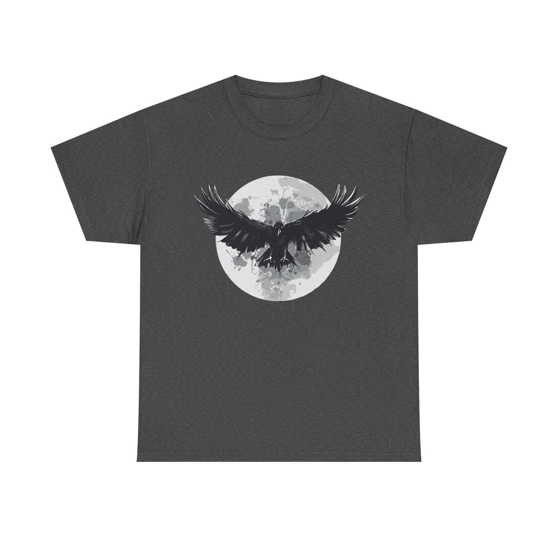 Dunkelgraues T Shirt mit dunklem Raben im Flug vor hellem Vollmond. Anlehnung an den Film The Crow.