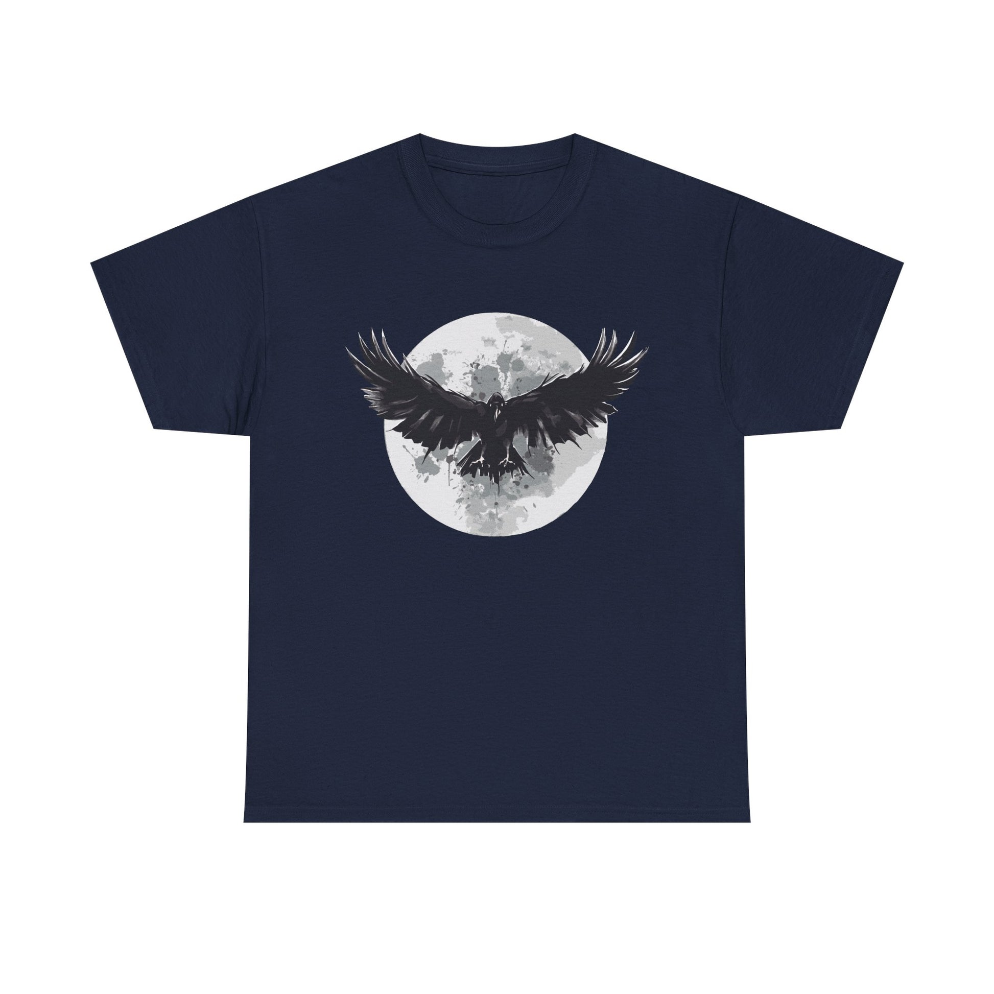 Marineblaues T Shirt mit großem Raben im Flug vor grauem Vollmond. Filmparodie inspiriert von The Crow.