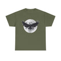 Militärgrünes T Shirt mit großem Raben vor Mond. Film Parodie inspiriert durch The Crow.
