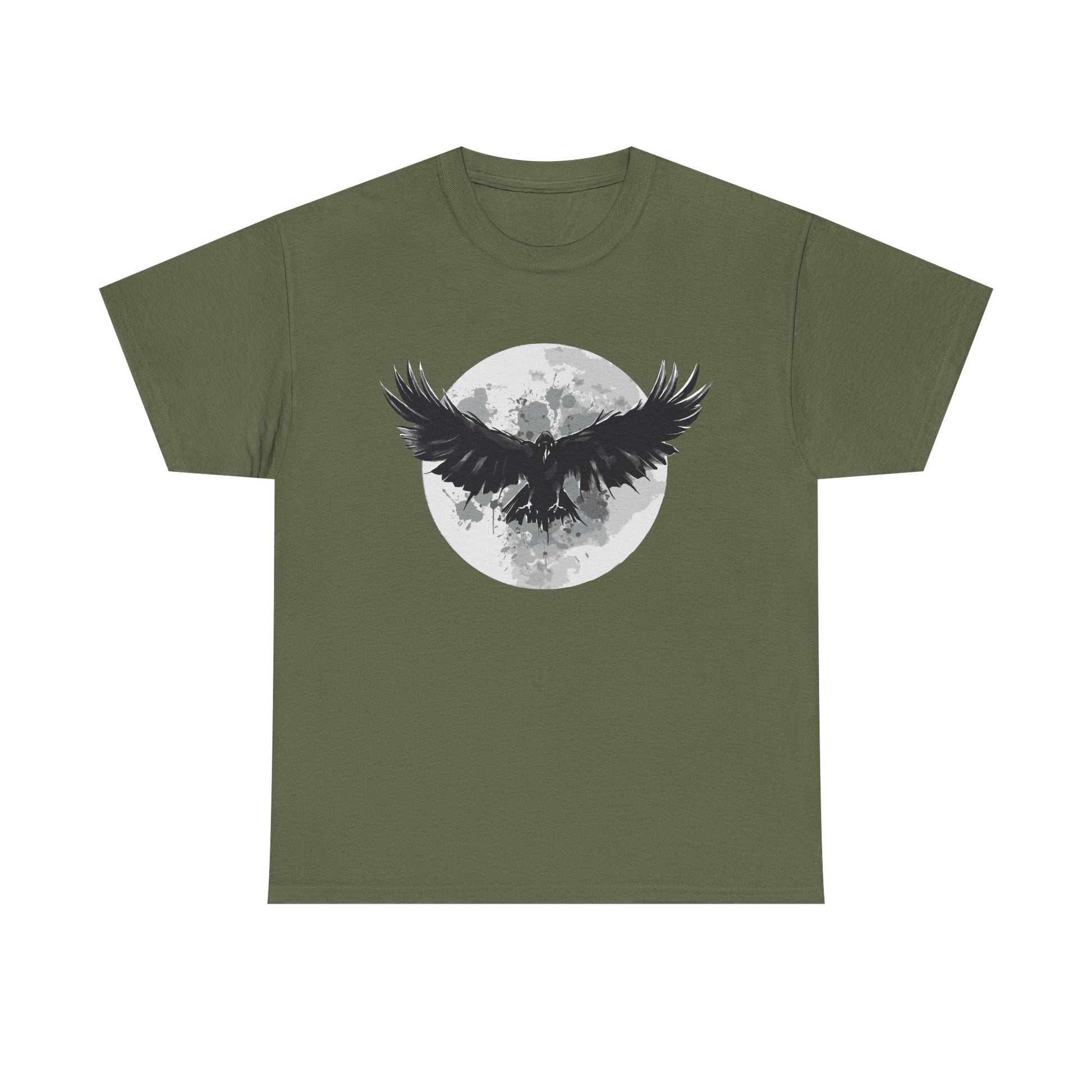 Militärgrünes T Shirt mit großem Raben vor Mond. Film Parodie inspiriert durch The Crow.