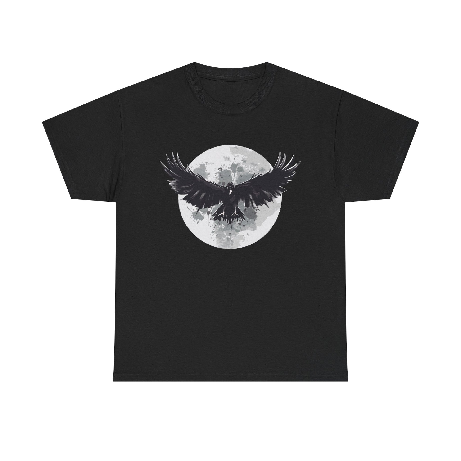 Schwarzes T Shirt mit fliegendem Raben vor Vollmond. Angelehnt an den Film The Crow mit mystischer Atmosphäre.