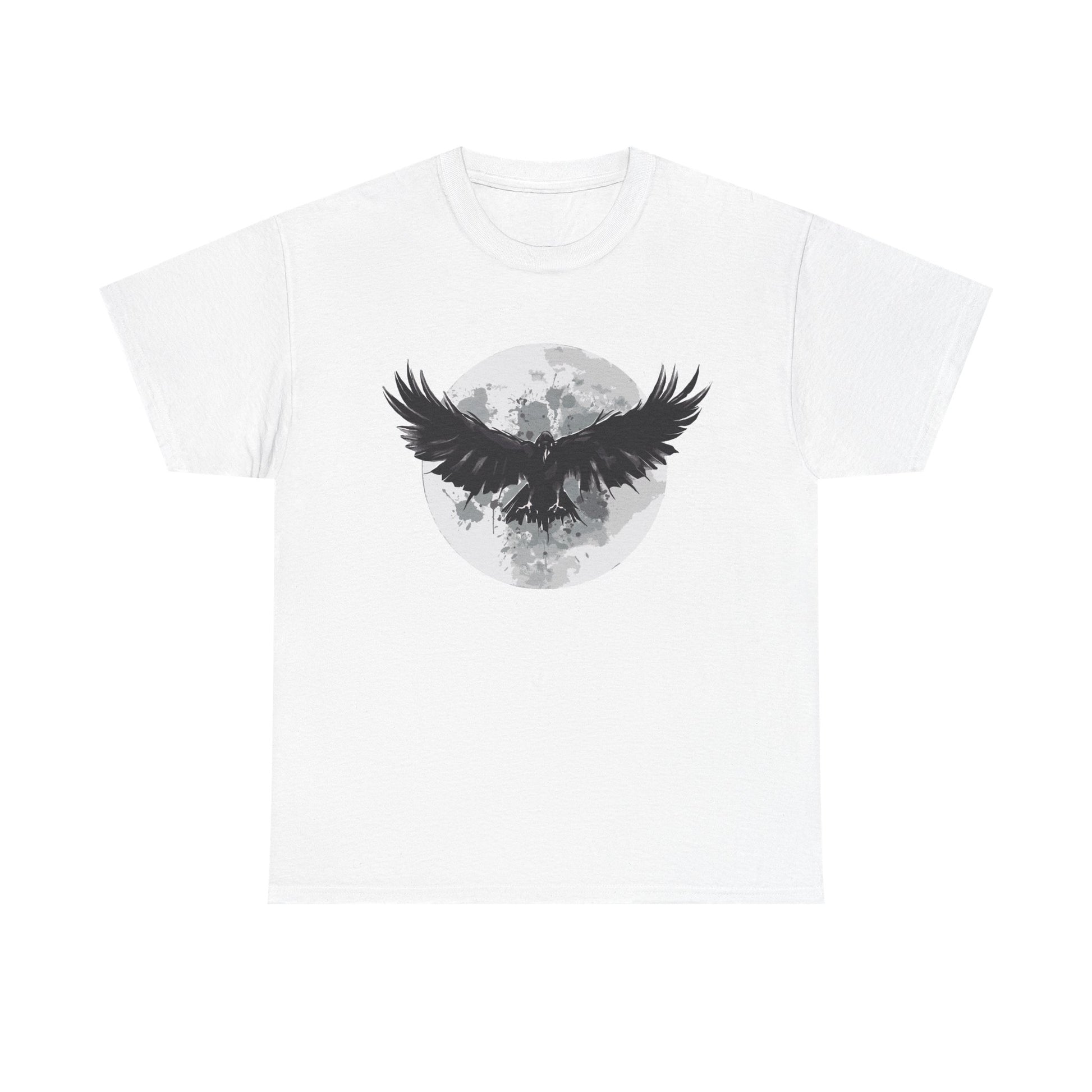 Weißes T Shirt mit schwarzem Raben vor grauem Vollmond. Mystisches Design inspiriert von The Crow.