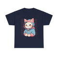 Marineblaues T-Shirt mit kawaii Katze im Hoodie – rosa-blauer Stil mit pinkem Rasterdesign, Anime-inspiriertes Motiv für Katzenliebhaber und Nerds.