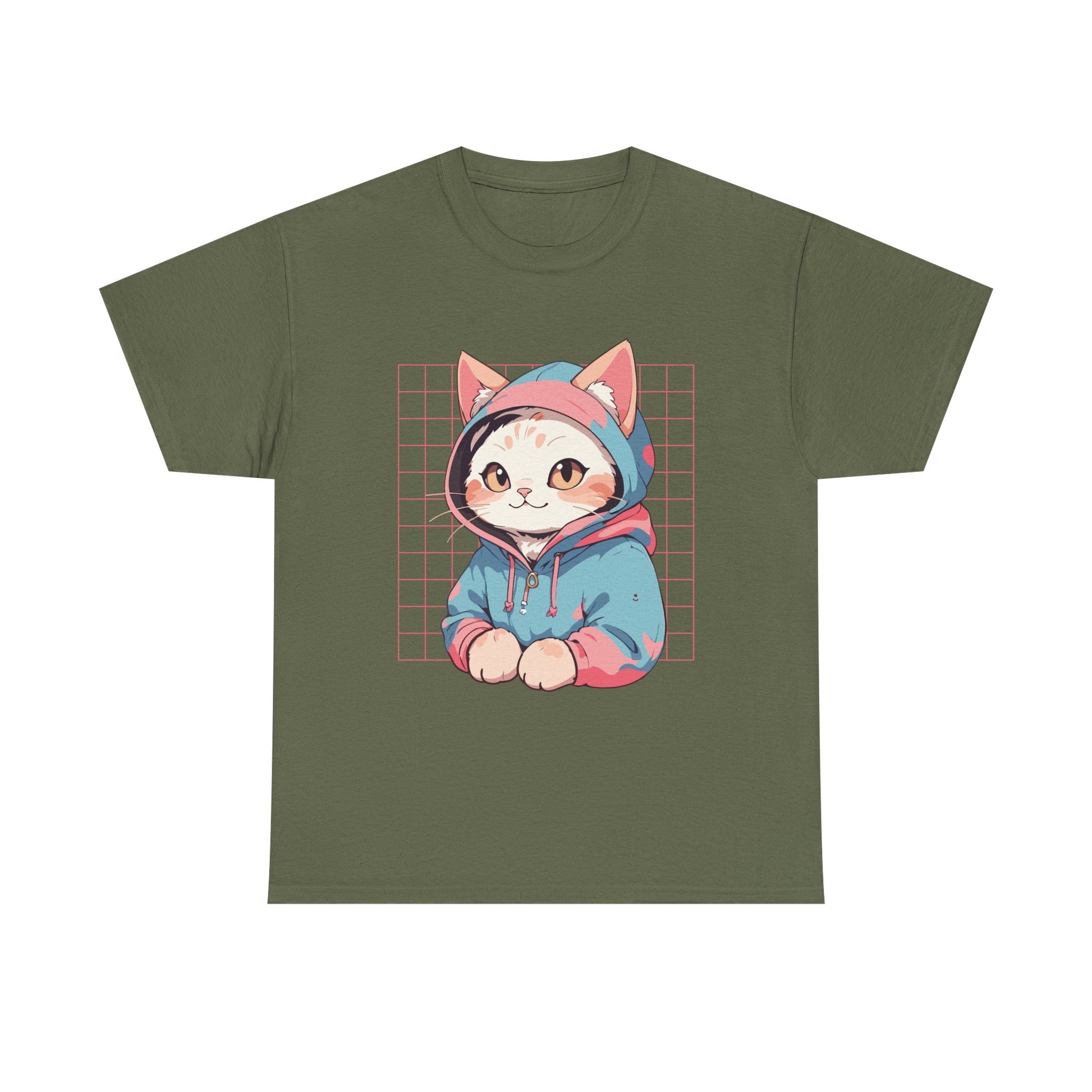 Militärgrünes Shirt mit Anime-Cat im pink-blauen Hoodie – cooler Kontrast zum Retro-Rasterhintergrund, ideales Nerdshirt mit Tier-Charme.
