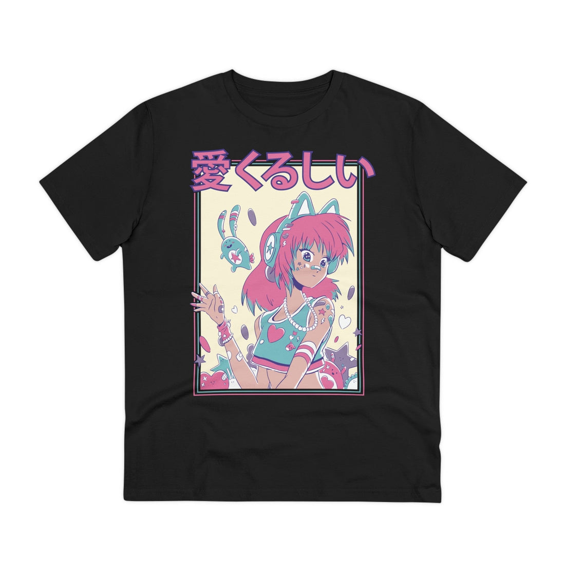 Printify T-Shirt Black / 2XS Cute Anime Girl with Cat Ears - Harajuku Anime Girl - Front Design