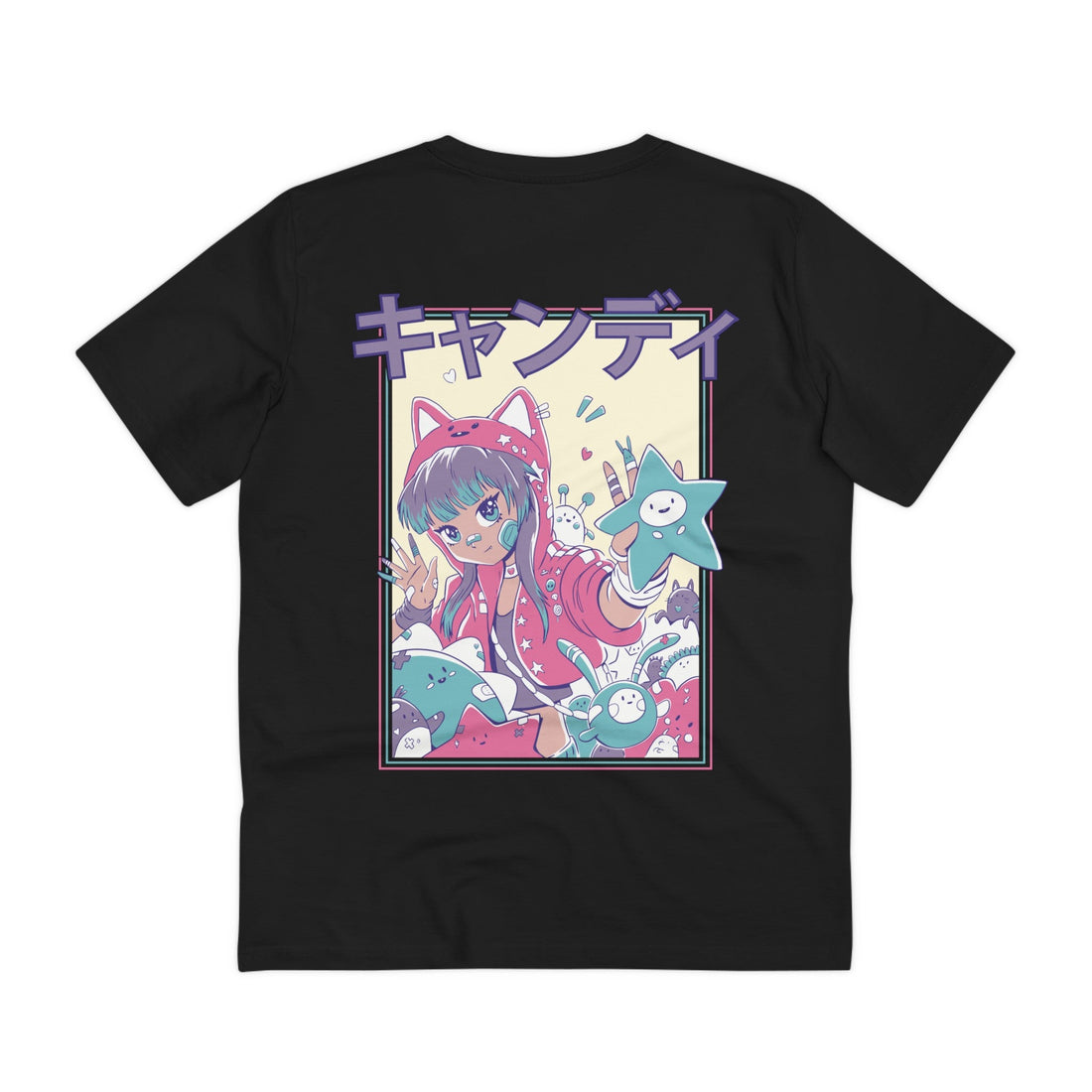 Printify T-Shirt Black / 2XS Cute Anime Girl with Cat Hoodie - Harajuku Anime Girl - Back Design