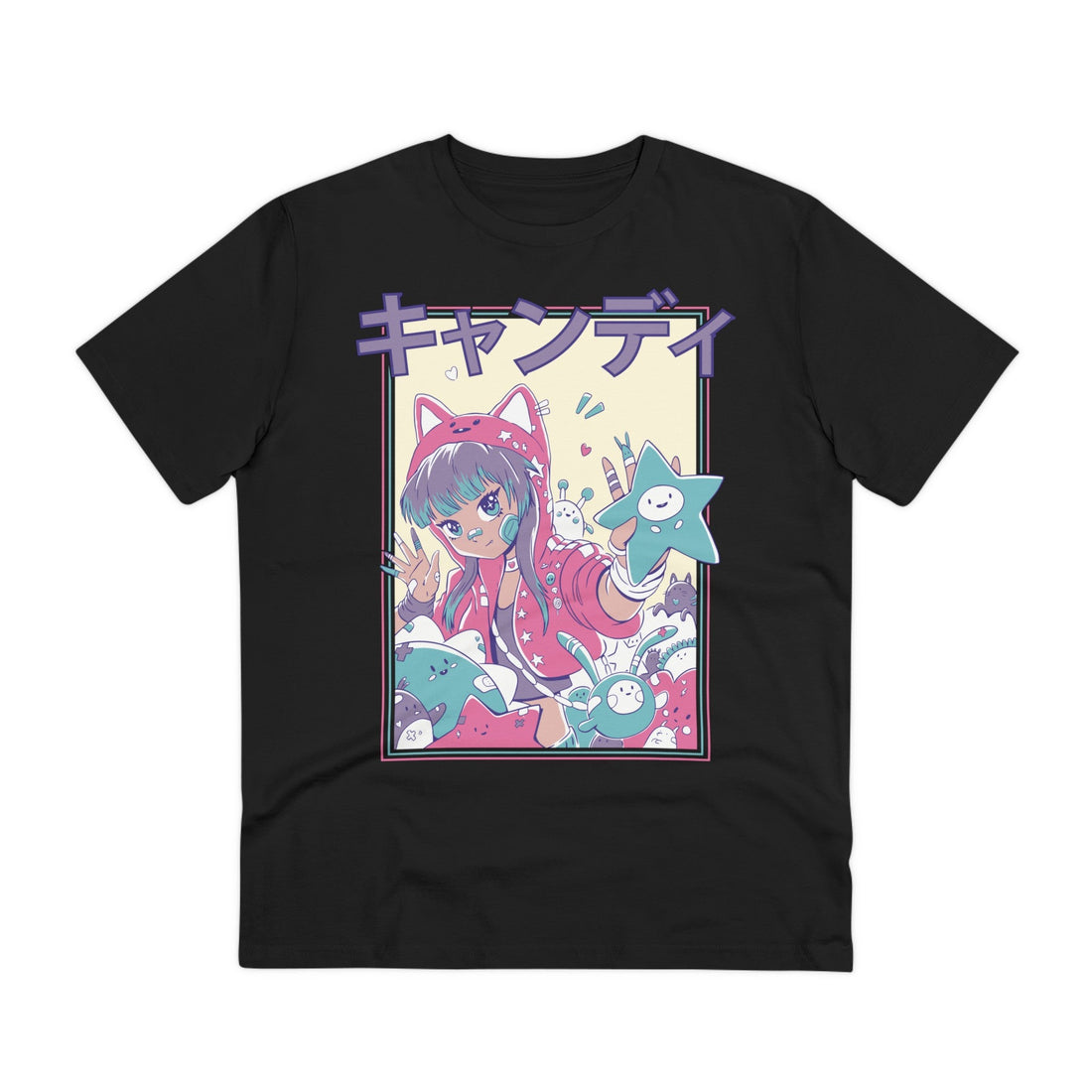 Printify T-Shirt Black / 2XS Cute Anime Girl with Cat Hoodie - Harajuku Anime Girl - Front Design