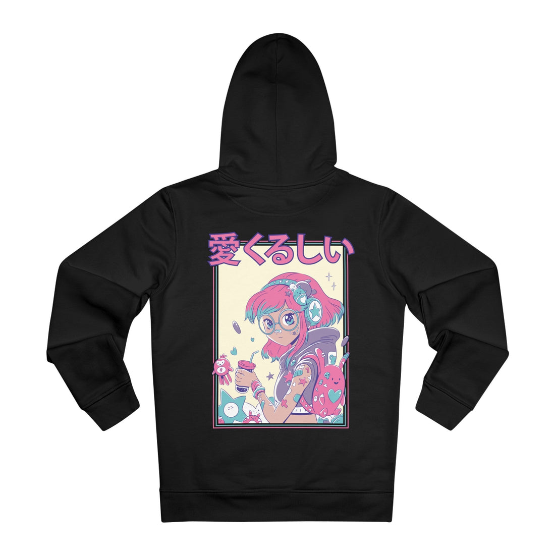 Printify Hoodie Black / M Cute Anime Girl with glasses - Harajuku Anime Girl - Hoodie - Back Design