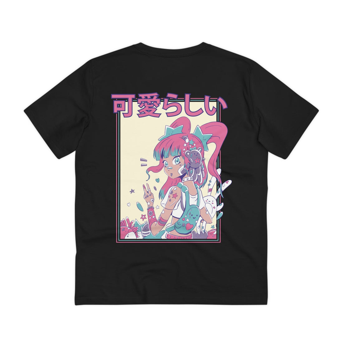 Printify T-Shirt Black / 2XS Cute Anime Girl with plushie toys - Harajuku Anime Girl - Back Design