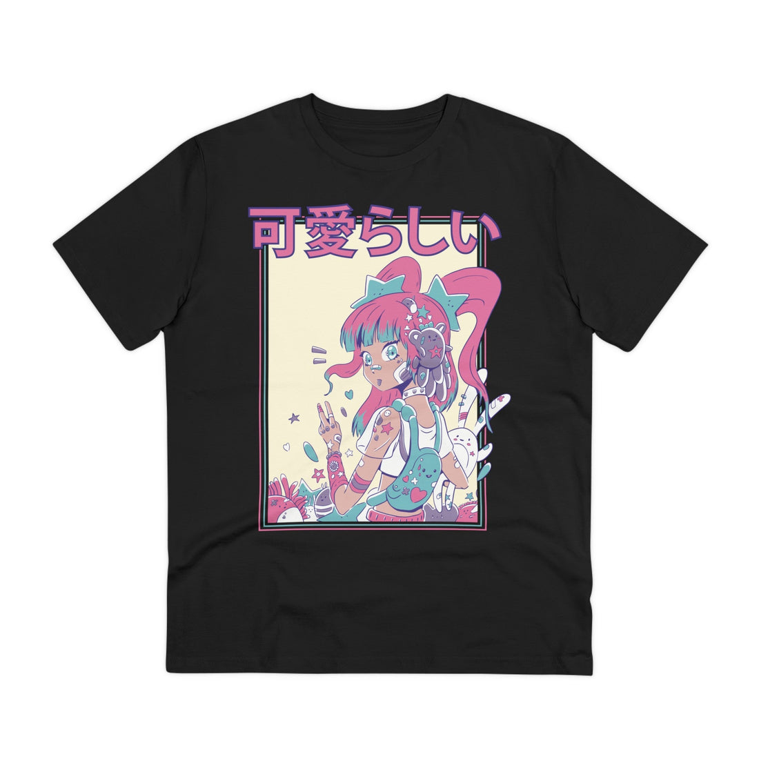 Printify T-Shirt Black / 2XS Cute Anime Girl with plushie toys - Harajuku Anime Girl - Front Design