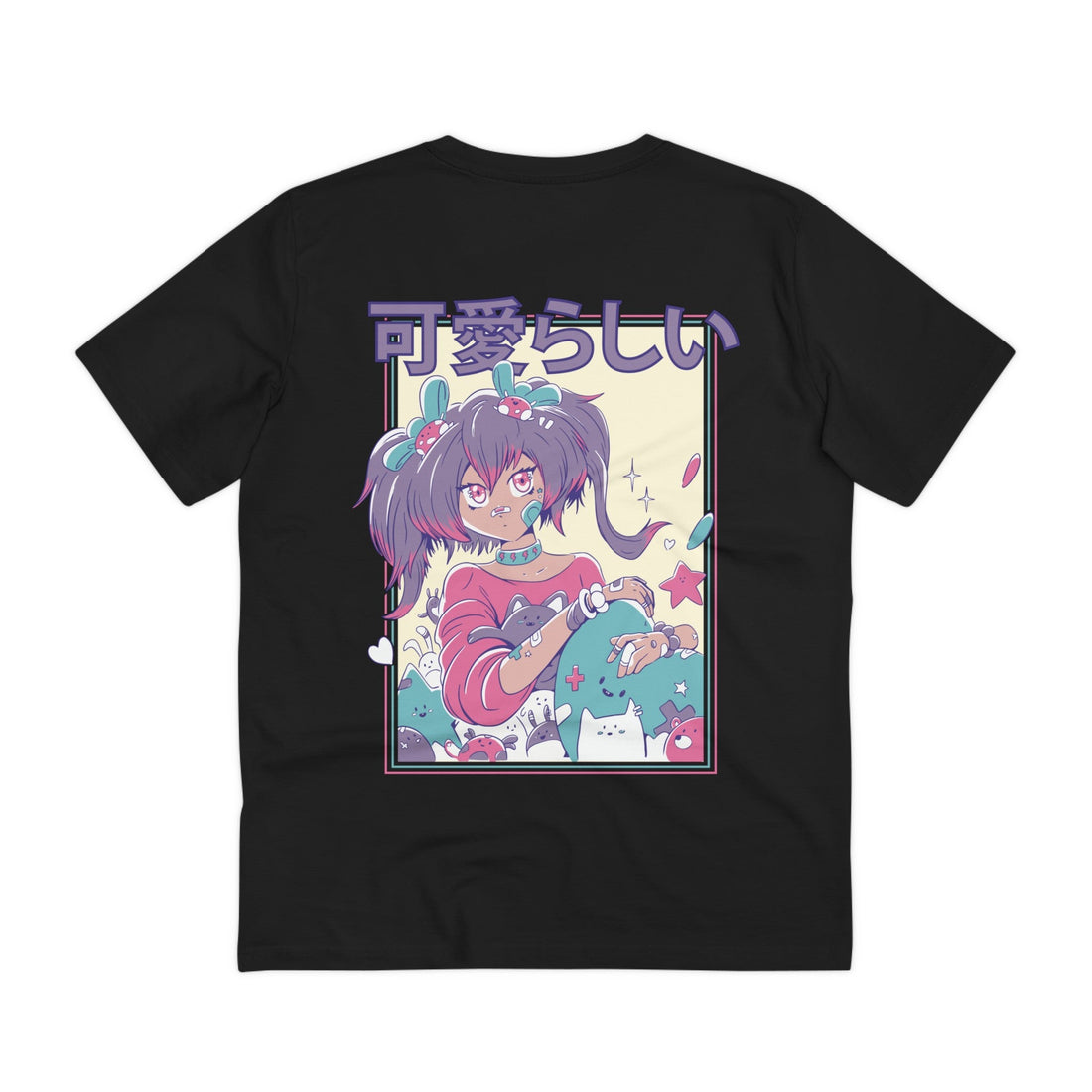 Printify T-Shirt Black / 2XS Cute Anime Girl with Ponytails - Harajuku Anime Girl - Back Design