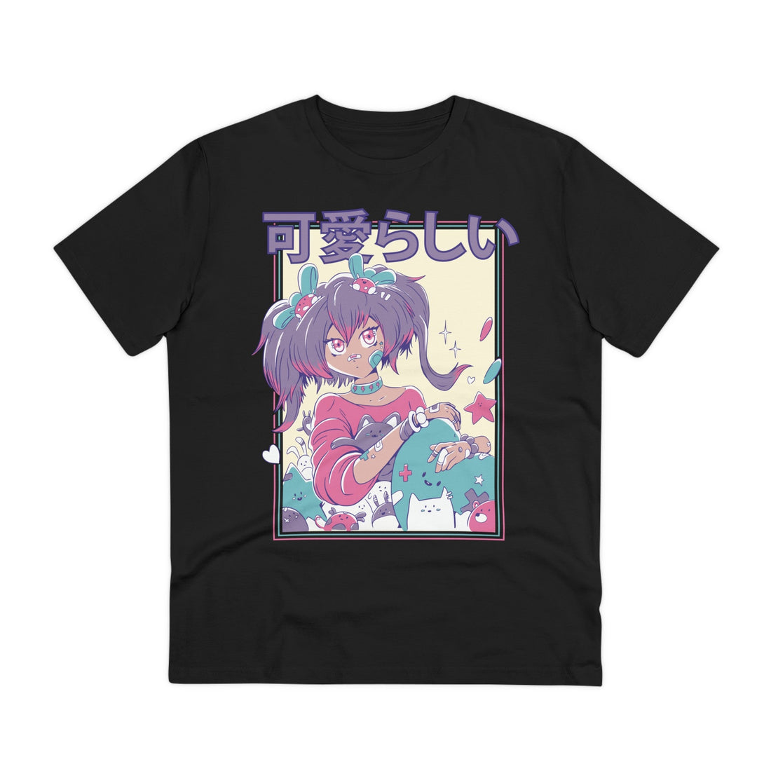 Printify T-Shirt Black / 2XS Cute Anime Girl with Ponytails - Harajuku Anime Girl - Front Design