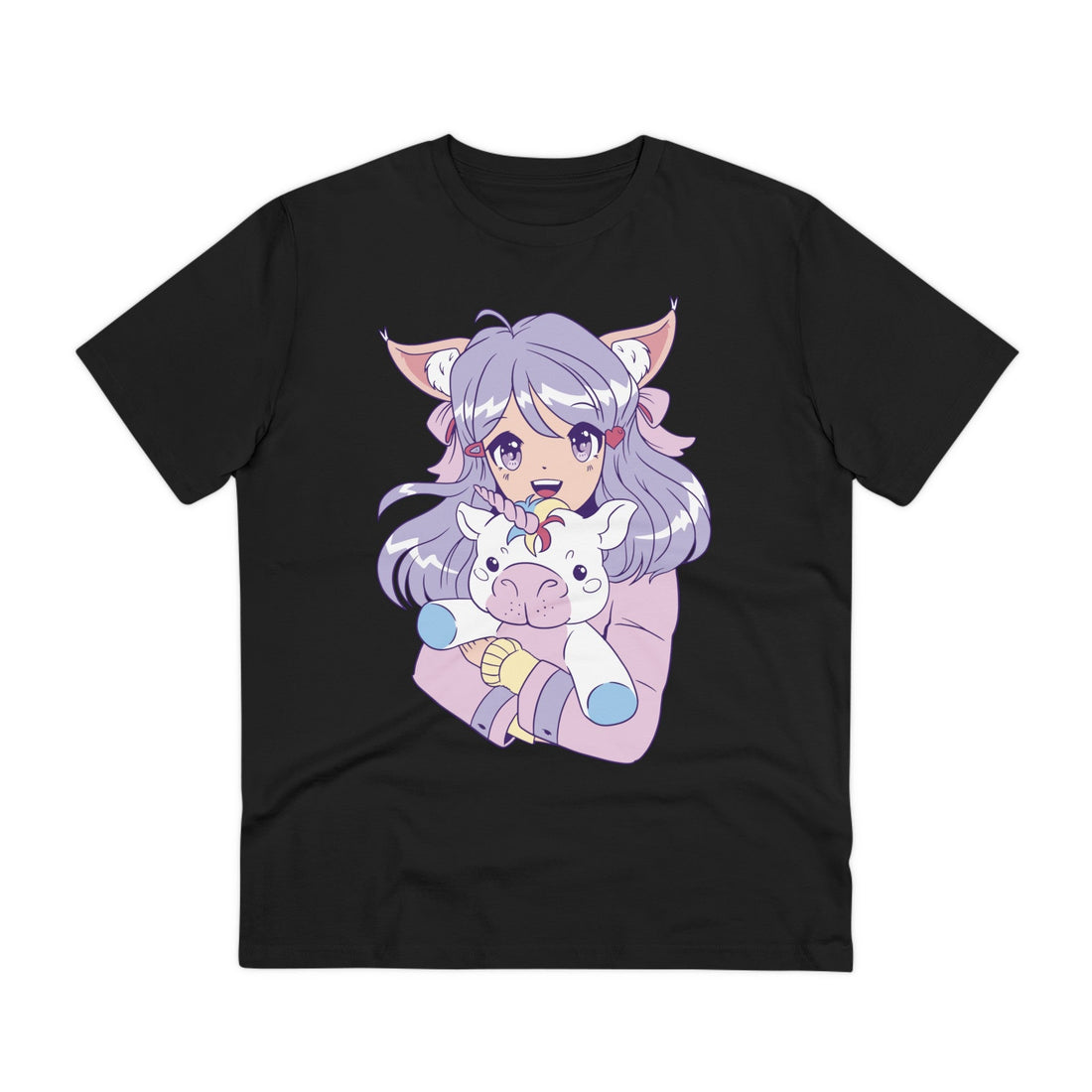 Printify T-Shirt Black / 2XS Cute Anime Girl with Unicorn - Unicorn World - Front Design