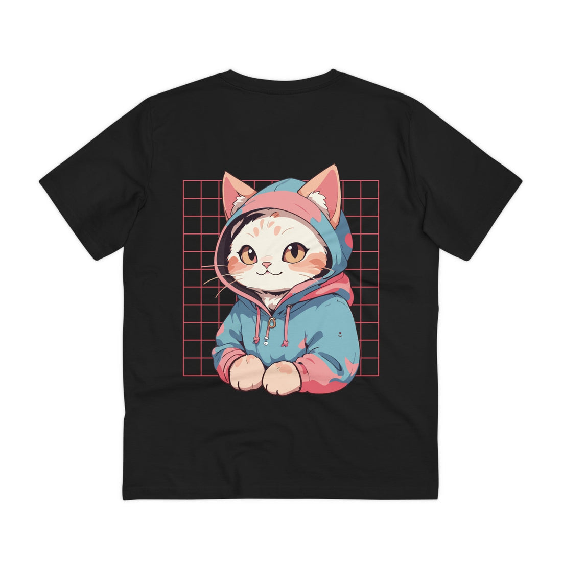 Printify T-Shirt Black / 2XS Cute Cat with Hoodie - Anime World - Back Design