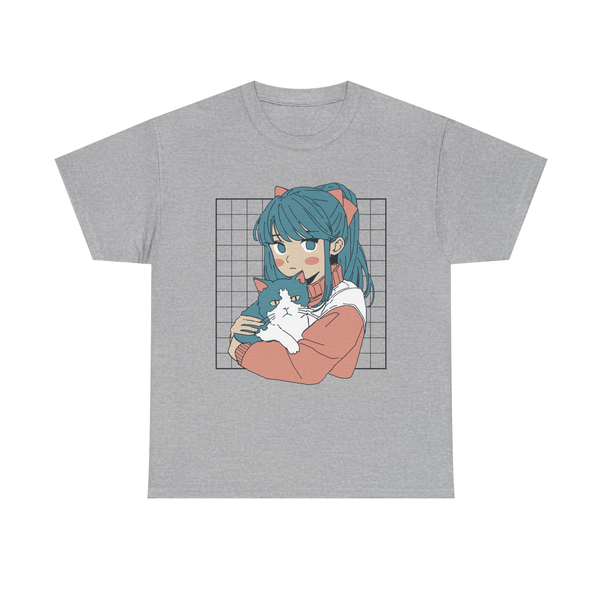 Graues T-Shirt mit stilvollem Anime-Print: Ein liebevoll gezeichnetes Mädchen mit Katze in einem soften Farbschema. Perfekt für Otakus, Cosplay-Fans und Tierfreunde mit Sinn für Stil.