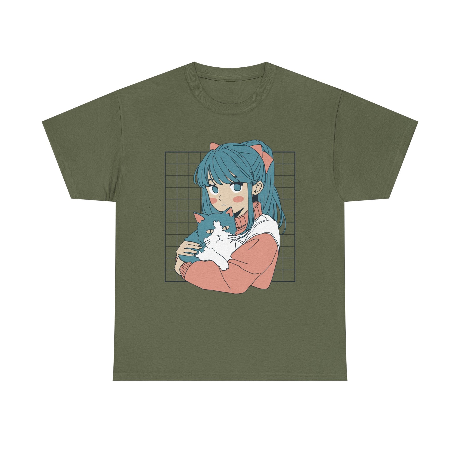 T-Shirt in trendigem Army-Green mit femininem Anime-Print – das Kontrastspiel aus zarten Motiven und kräftiger Farbe macht dieses Shirt einzigartig.