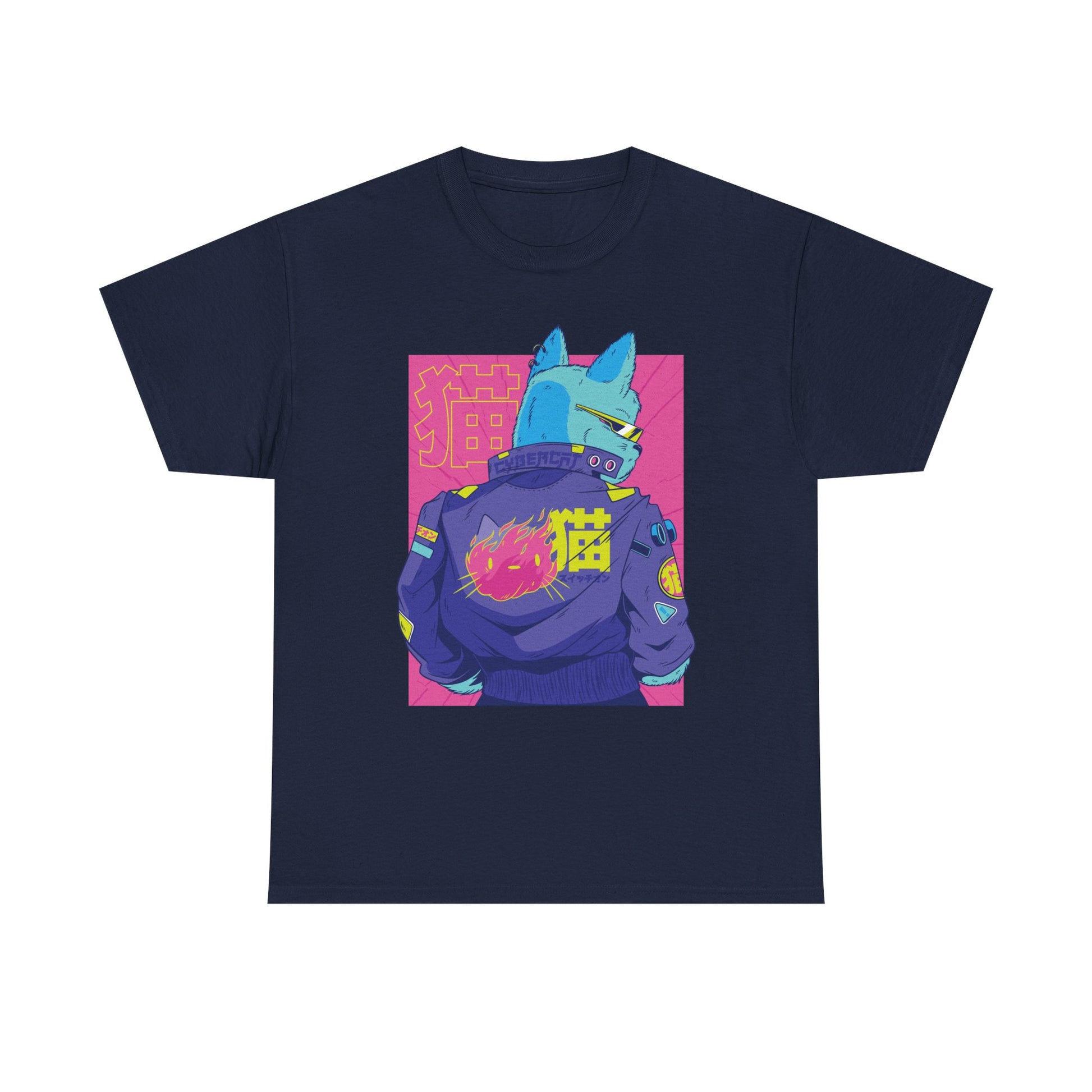 Marineblaues Shirt mit stylischem Cyberpunk-Katzen-Design – leuchtende Farben auf dunklem Grund, perfekt für Sci-Fi- & Japan-Fans.