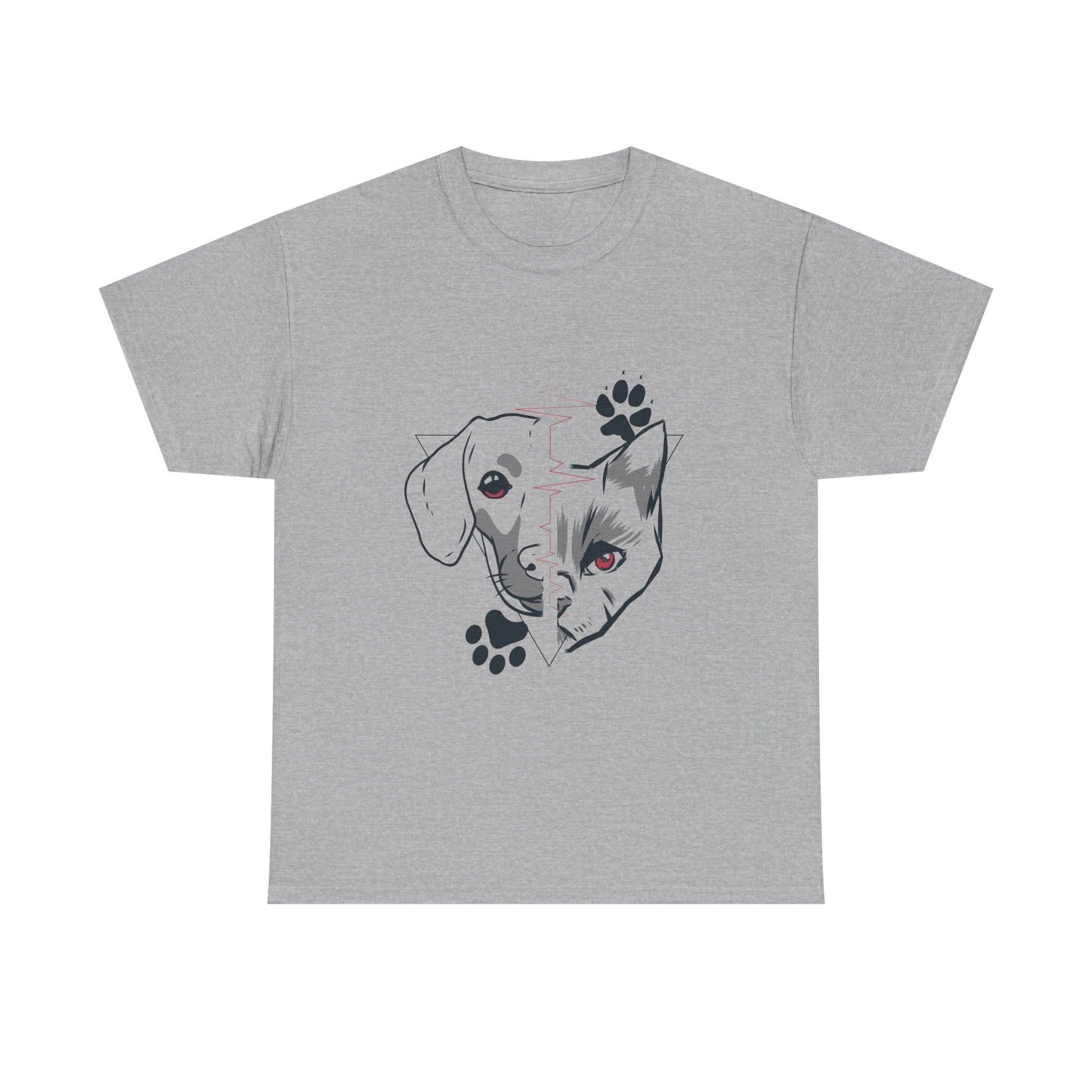 Graues Shirt mit kontrastreichem Tiermotiv – halb Hund, halb Katze in grafischer Darstellung. Cooles Statement für Fans beider Fellfraktionen.