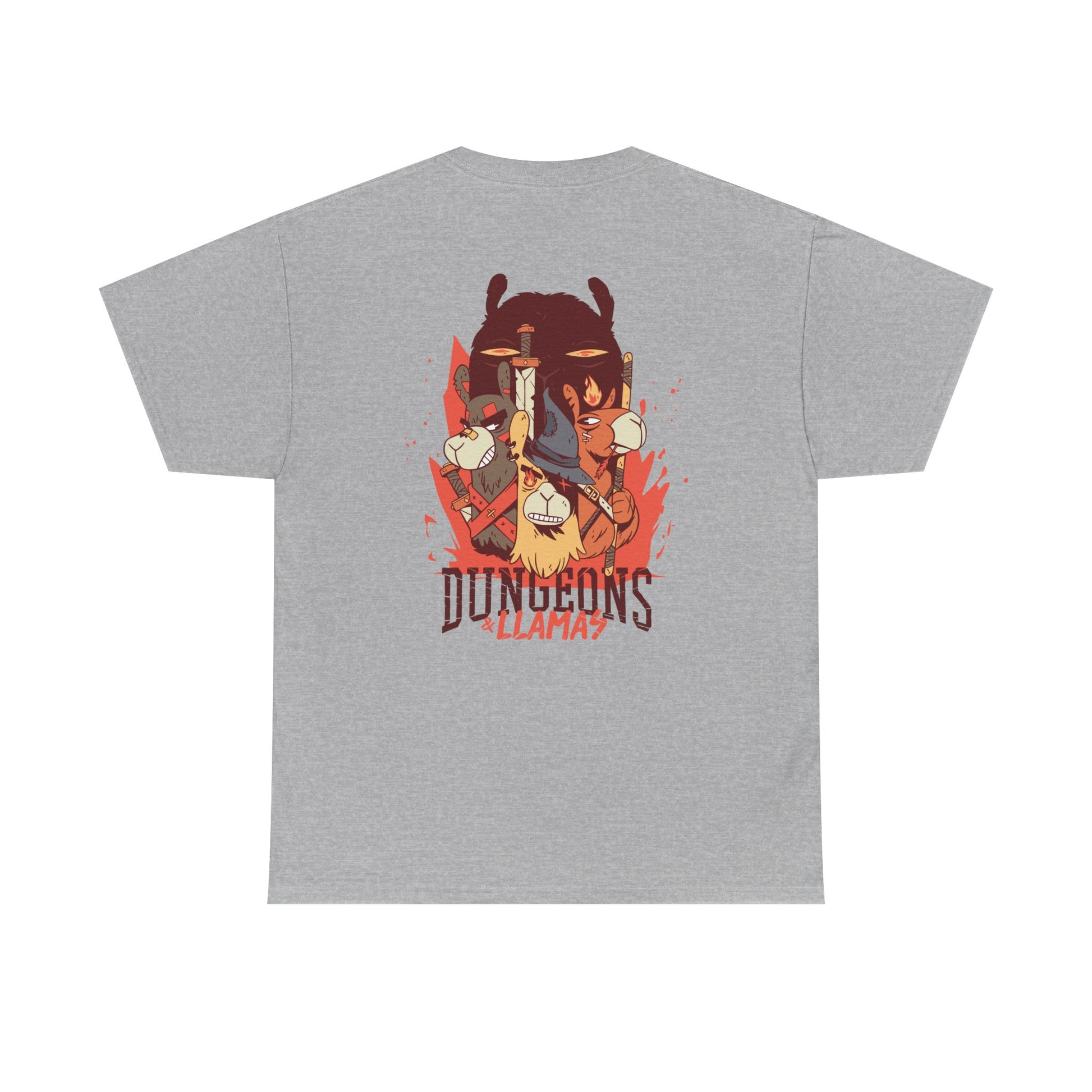 Graues Fantasy T-Shirt mit Back Print. Comic Illustration von Rollenspiel Lamas mit Schwertern, Magierhut und dem Text Dungeons and Llamas.