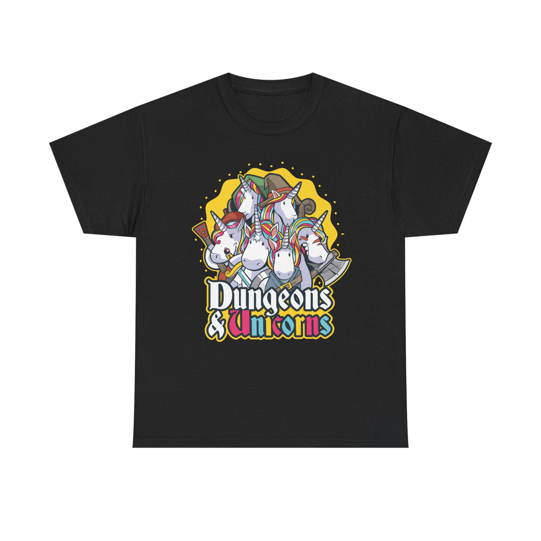Schwarzes T‑Shirt mit farbigem Frontprint: Sechs Einhörner im Comic‑RPG‑Look mit Waffen und magischen Outfits.