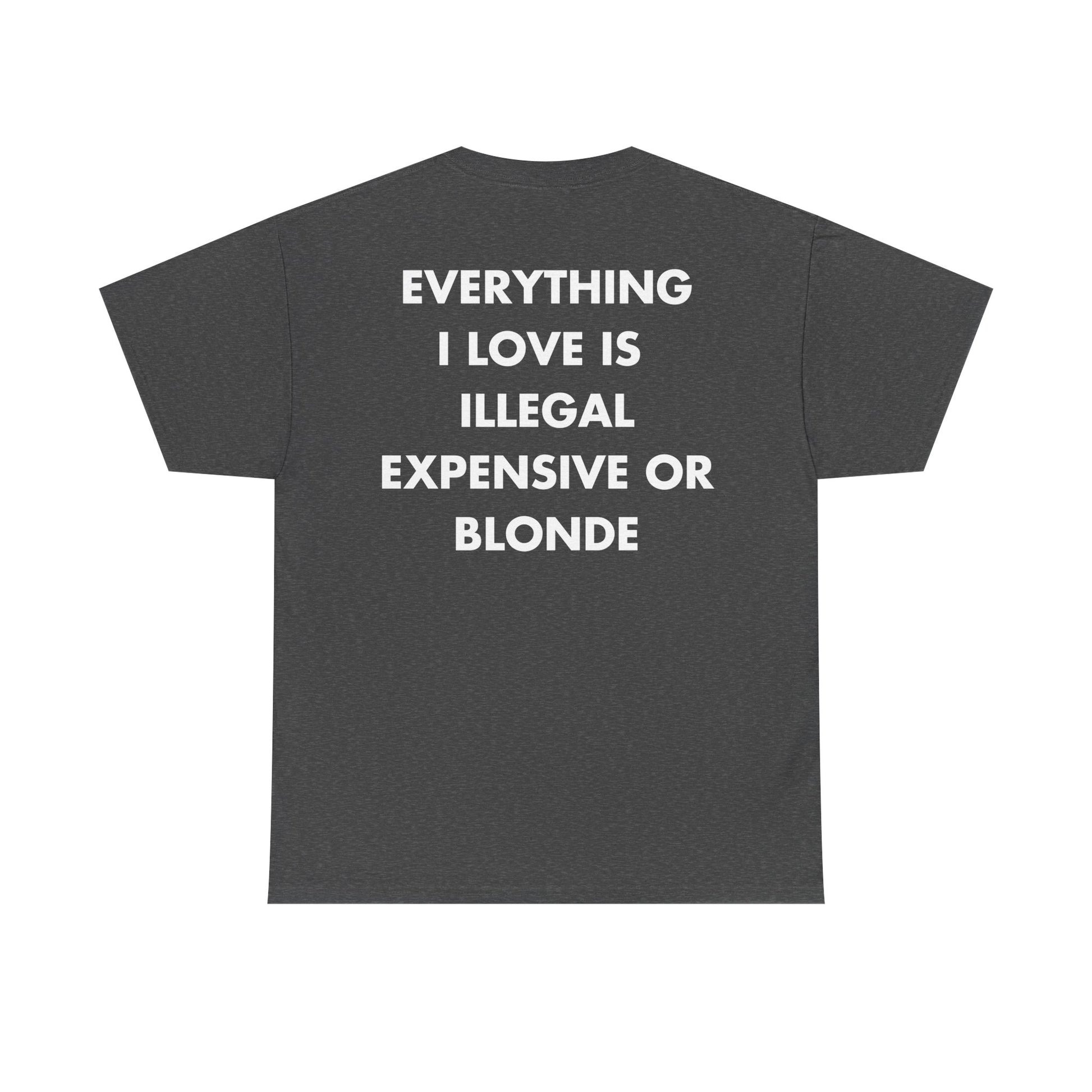 Dunkelgraues Unisex T-Shirt mit Back-Print und dem Spruch „Everything I love is illegal, expensive or blonde“